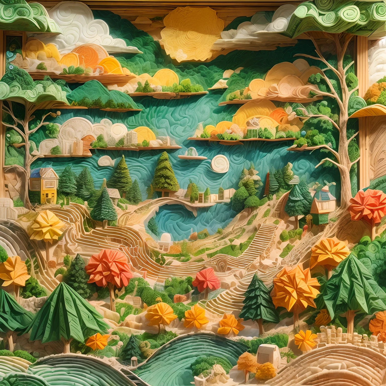 (sandbox:1.4),Movie Angle,(in fall，with blue sky and white clouds，Green Mountains and Green Water，terraced，bumper harvest),(paper art,Quilted paper art,geomerty),(Extremely colorful, Best quality, Detailed details, Masterpiece, offcial art, movie light effect, 4K, Chiaroscuro)
