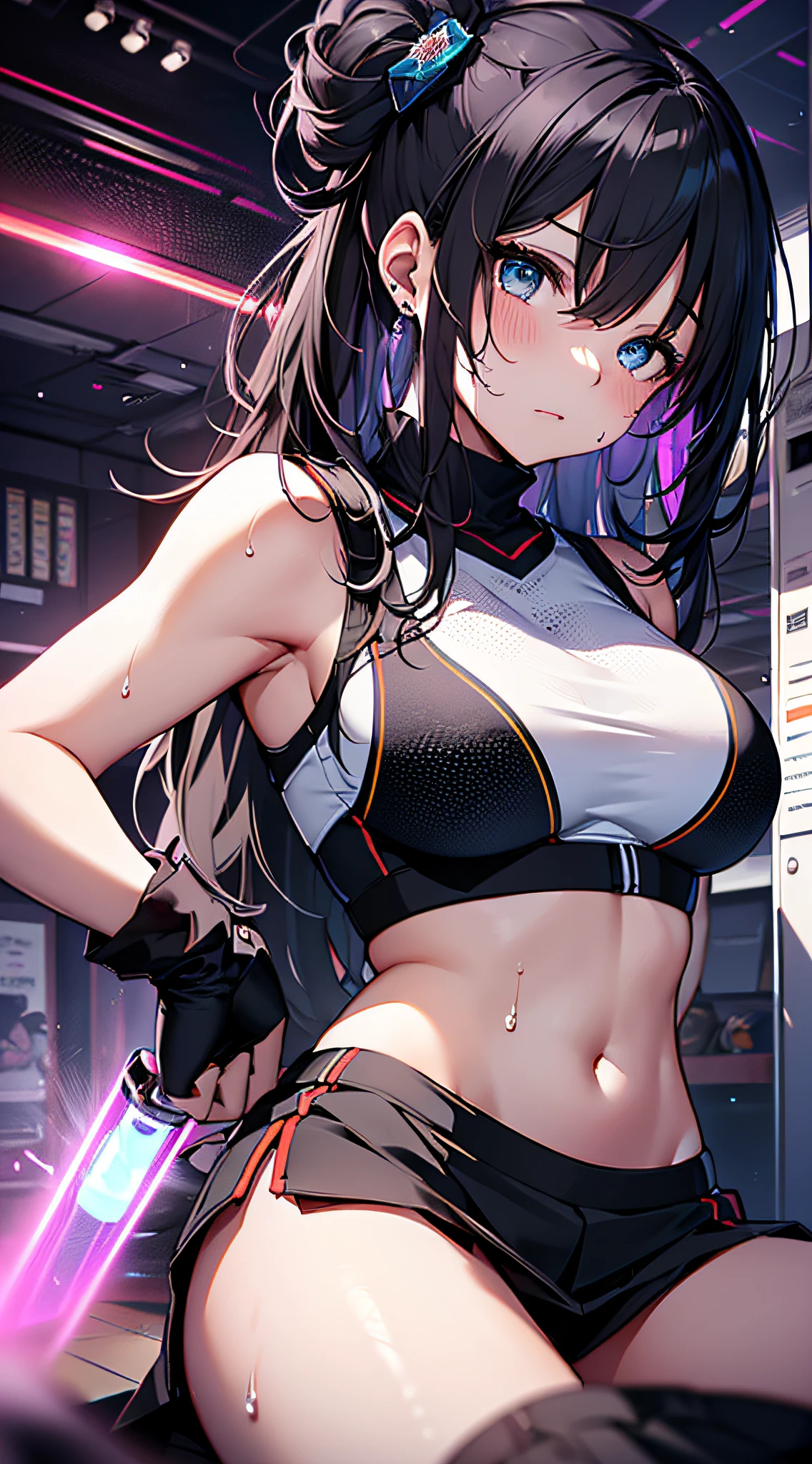 top-quality、Top image quality、​masterpiece、girl with((cute little、18year old、Best Bust、Medium bust、Bust 85,Beautiful blue eyes、Breasts wide open,Long Black Hair、A slender、Middle knot、Black Sports Bra、White short skirt,Reflecting the whole body、Black perforated gloves、Sweating、Straight punch、Splattering sweat)）hiquality、Beautiful Art、Background with((clubhouse、Blue lighting、Purple Laser Illumination、Red laser illumination,Yellow laser illumination,fitness club、natta、Virtual Worlds)),masutepiece、Elaborate design、visualart、depth of fields、The best lighting、highestdetailed、8ｋ,Super delicate