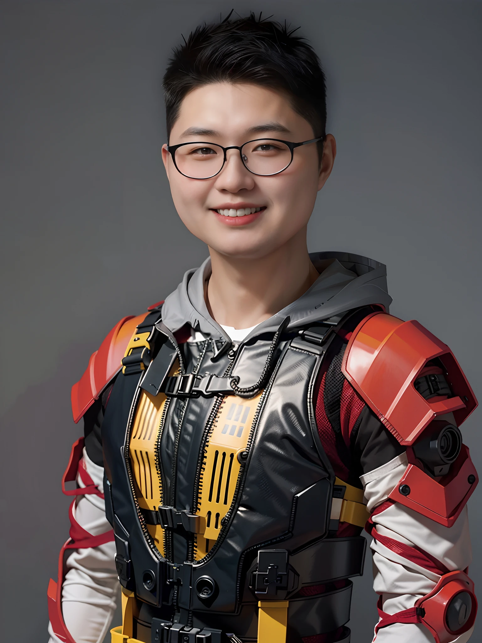 18-year-old Chinese man,Wearing fluorescent red and yellow PVC mech,bulletproof vest,cyber punk perssonage,greybackground