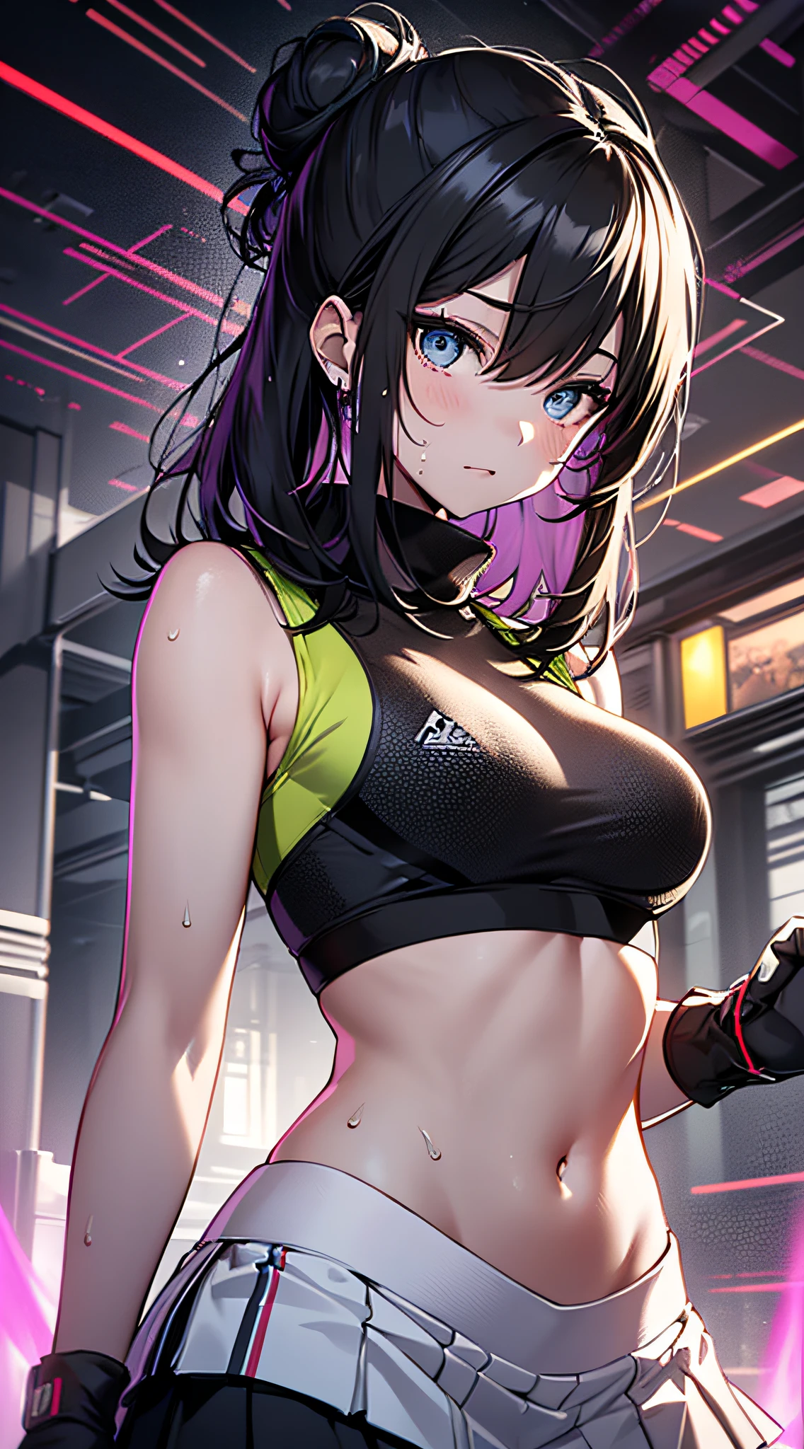 top-quality、Top image quality、​masterpiece、girl with((cute little、18year old、Best Bust、Medium bust、Bust 85,Beautiful blue eyes、Breasts wide open,Long Black Hair、A slender、Middle knot、Black Sports Bra、White short skirt,Reflecting the whole body、Black perforated gloves、Sweating、Straight punch、Splattering sweat)）hiquality、Beautiful Art、Background with((clubhouse、Blue lighting、Purple Laser Illumination、Red laser illumination,Yellow laser illumination,fitness club、natta、Virtual Worlds)),masutepiece、Elaborate design、visualart、depth of fields、The best lighting、highestdetailed、8ｋ,Super delicate