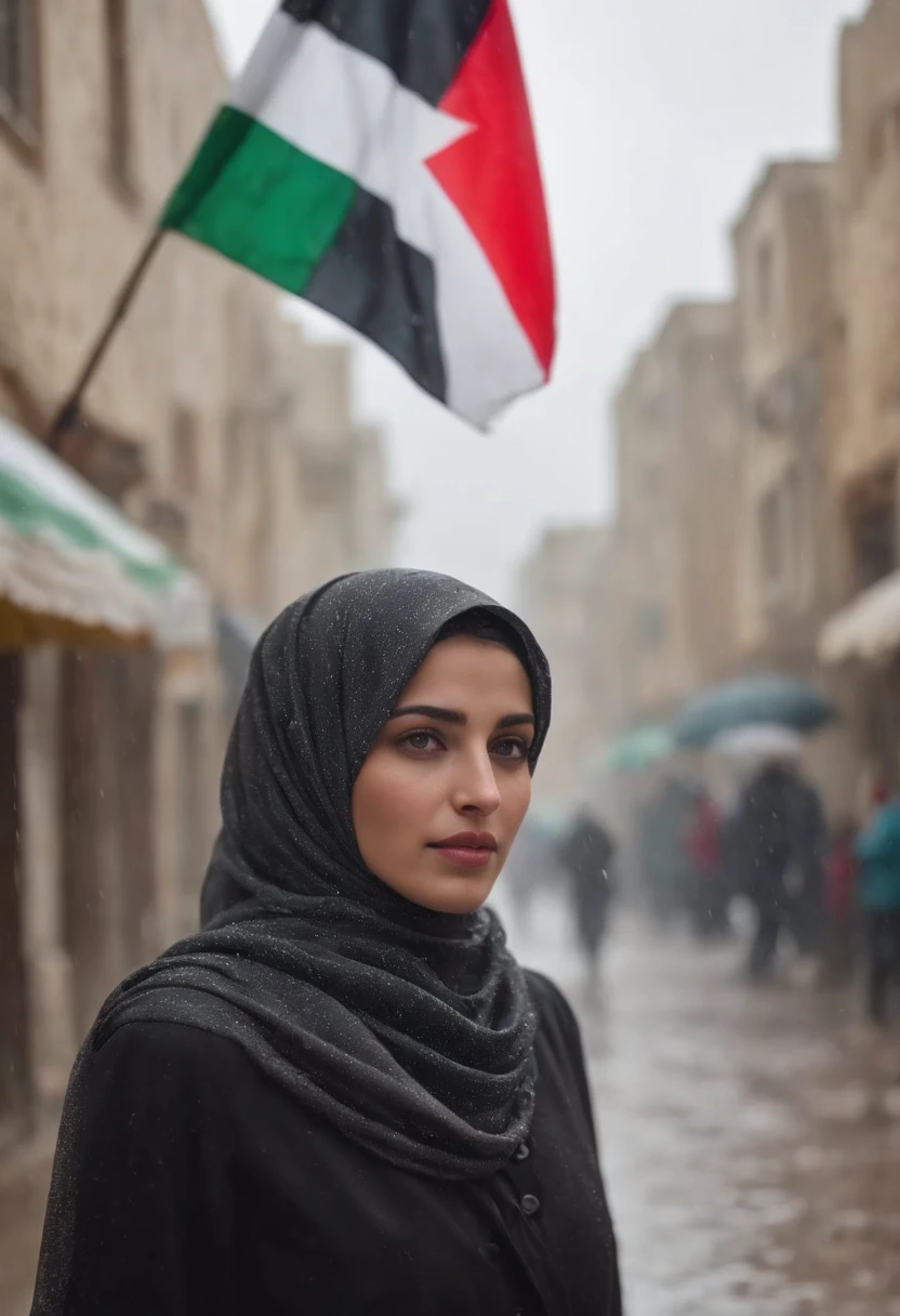 palestinian flag, sunset, stars, bombs, fire, destroyed, Palestine, beautiful girl in hijab, bloody, waving Palestinian flag looking at the rubble and destruction, somber, hope, Palestinian flag, hijab, muslim, HD,