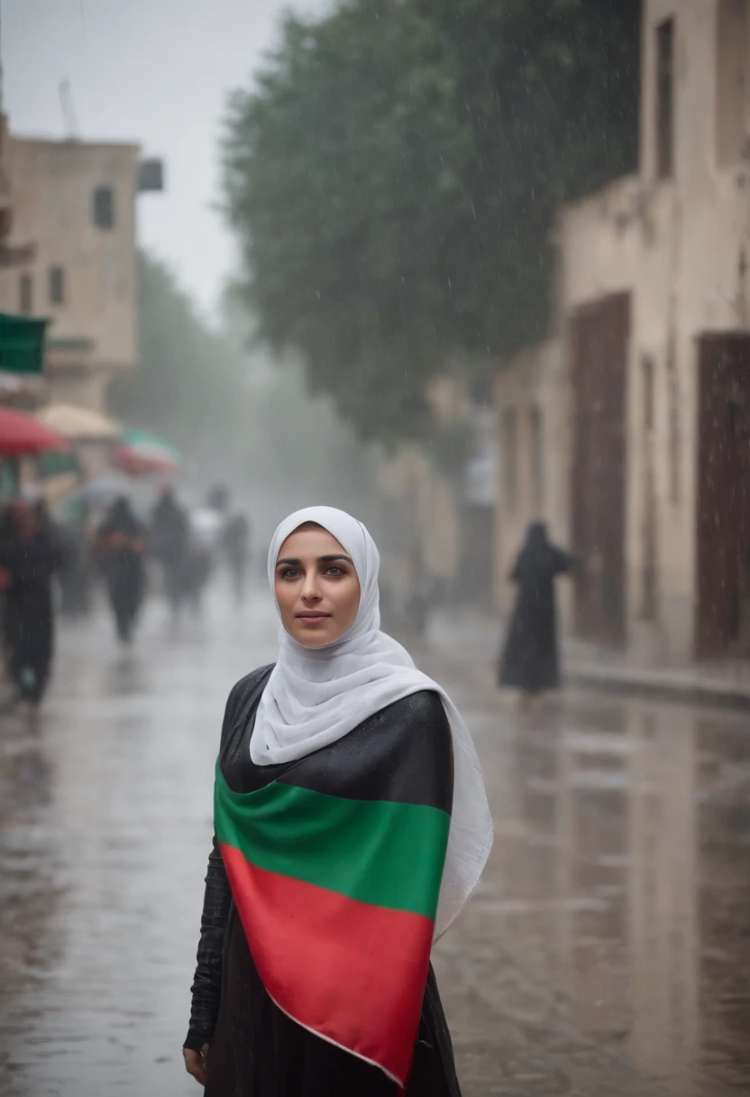 Palestinian woman wearing a Hijab decorated with Palestinian flag waking in the rain. In middle of the street. Realistic photo accurate.