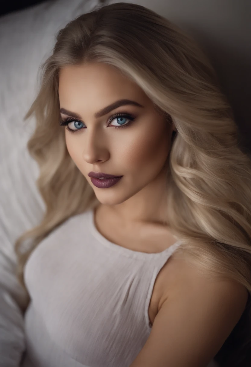 arafed frau voll , Sexy girl with blue eyes, ultra realistisch, Akribisch detailliert, portrait sophie mudd, blonde hair and large eyes, Selfie einer jungen Frau, Augen im Schlafzimmer, Violet Myers, ohne Make-up, Natural makeup, Blick direkt in die Kamera, Gesicht mit Artgram, dezentes Make-up, Stunning full body shot, die auf dem Bett kniet, im Schlafzimmer, medium to large bust size