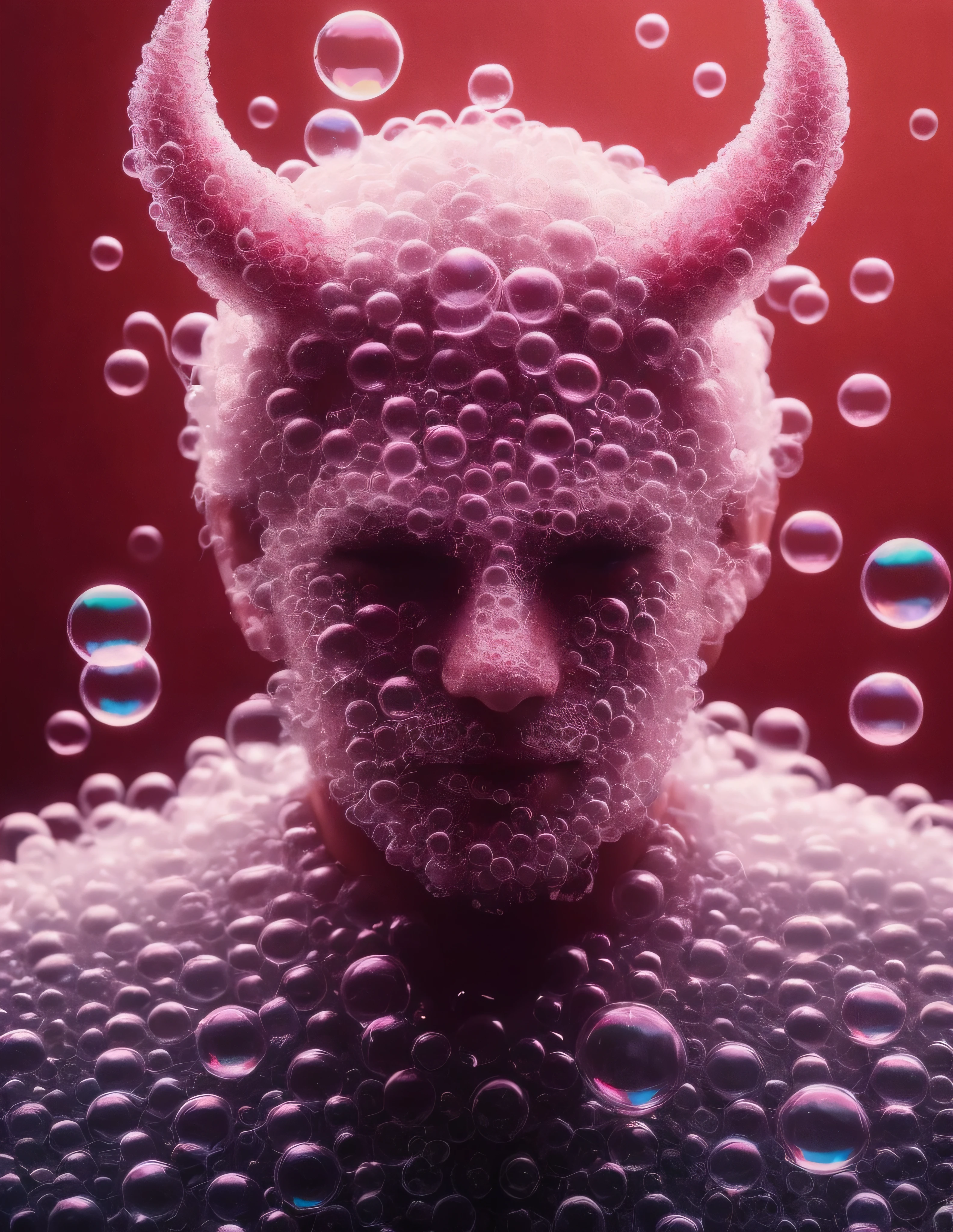 made of soap bubbles and bath foam, photograph capturing a devil, with sharp focus, vibrant colors, strong film grain, cinematic lighting