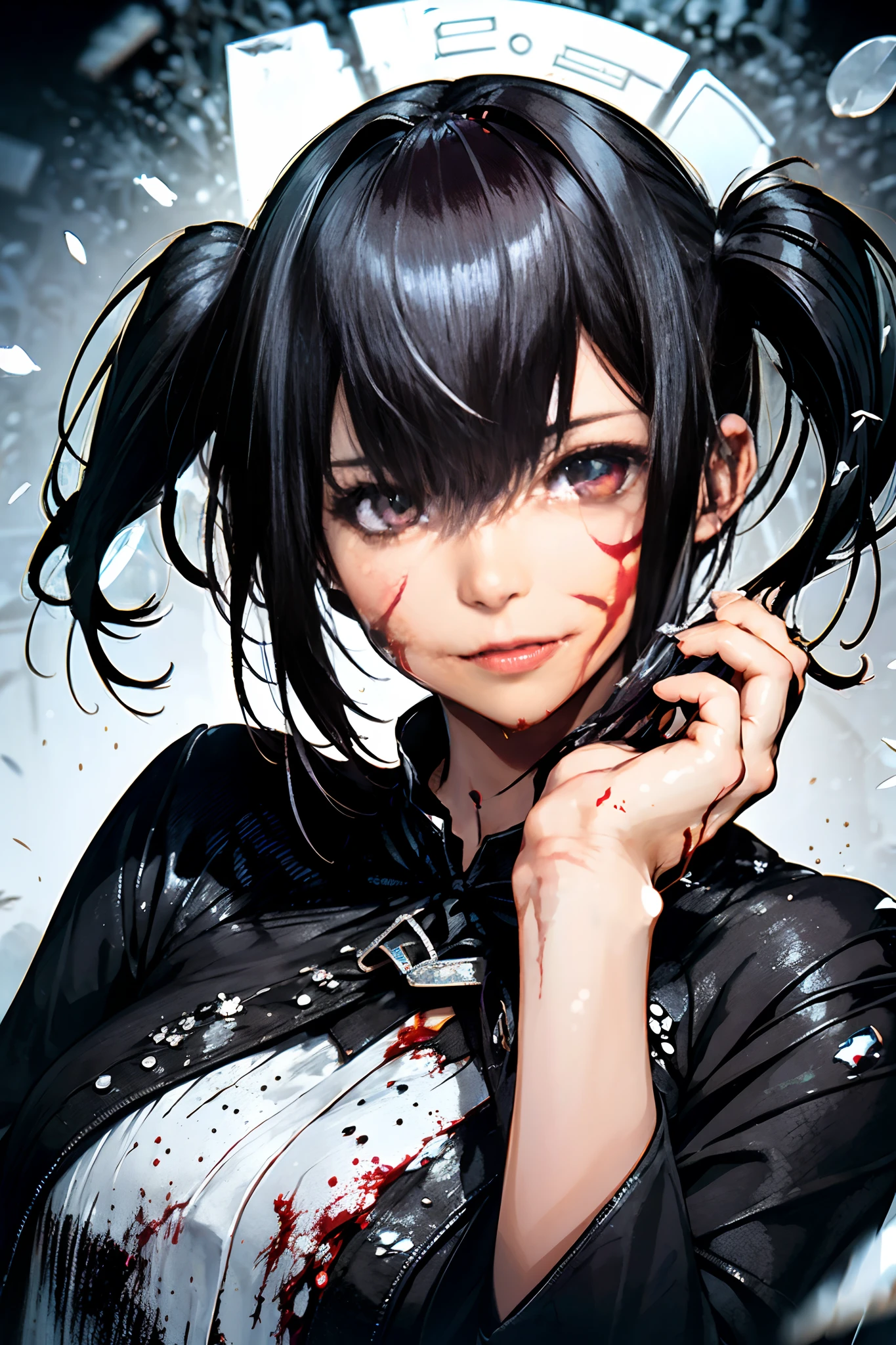 (masterpiece:1.2, best quality), (finely detailed beautiful eyes: 1.2), (detailed background,dark fantasy), (beautiful detailed face), high contrast, (best illumination, an extremely delicate and beautiful), ((cinematic light)), colorful, hyper detail, dramatic light, intricate details, (1girl, solo,black hair, sharp face,low twintails,red eyes, hair between eyes,dynamic angle), (blood splatter:1.4), swirling black light around the character, depth of field,black light particles,(broken glass),magic circle,