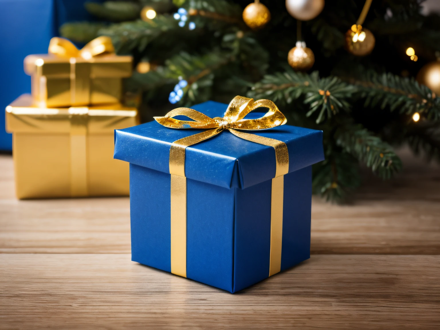 Blue Christmas gift boxes with gold bow on blue defocused holiday background