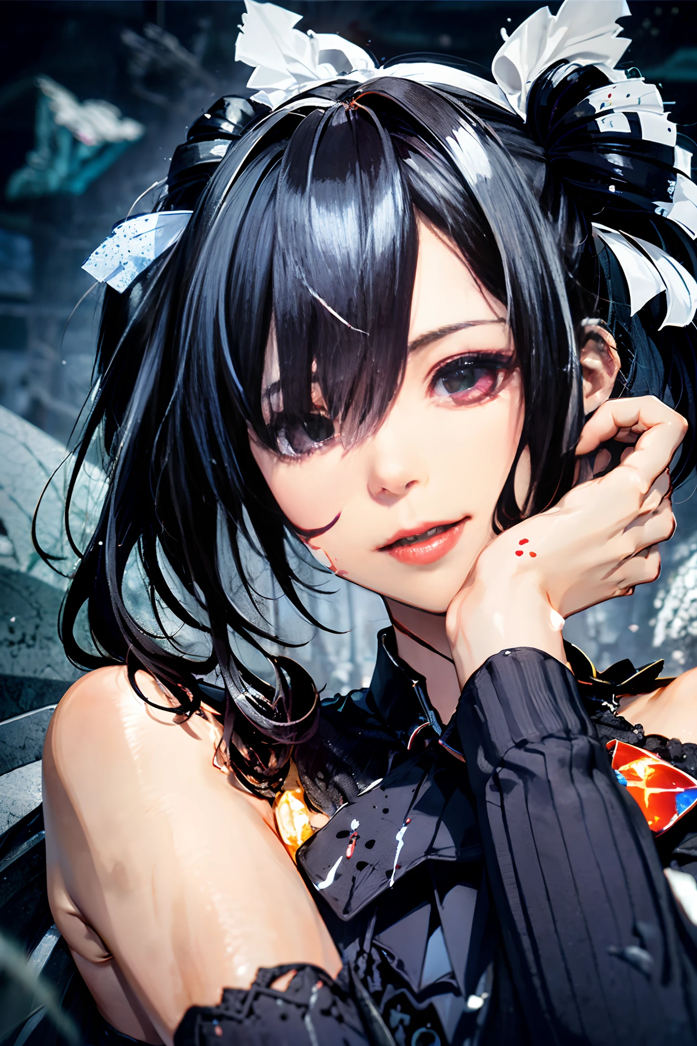 (masterpiece:1.2, best quality), (finely detailed beautiful eyes: 1.2), (detailed background,dark fantasy), (beautiful detailed face), high contrast, (best illumination, an extremely delicate and beautiful), ((cinematic light)), colorful, hyper detail, dramatic light, intricate details, (1girl, solo,black hair, sharp face,low twintails,red eyes, hair between eyes,dynamic angle), (blood splatter:1.4), swirling black light around the character, depth of field,black light particles,(broken glass),magic circle,