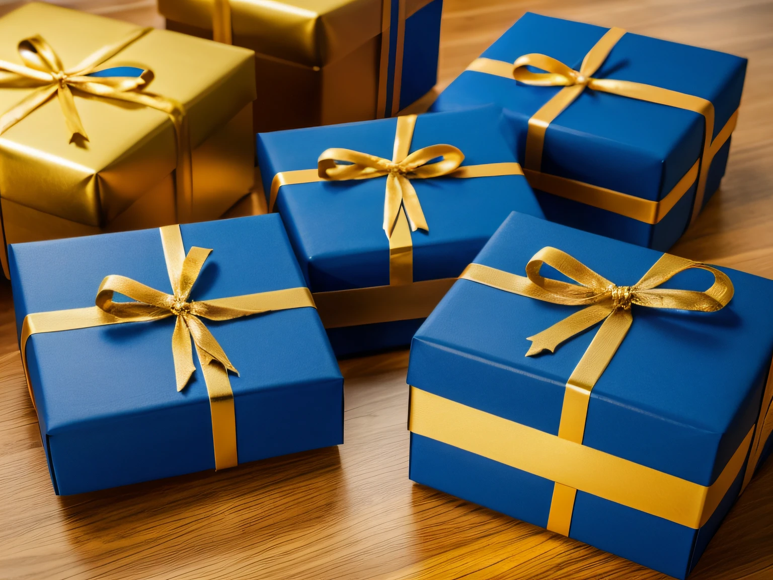 Cajas de regalo A UN LADO de Navidad azules con lazo dorado sobre fondo azul desenfocado de vacaciones, CON COPY SPACE, UHD, 8K