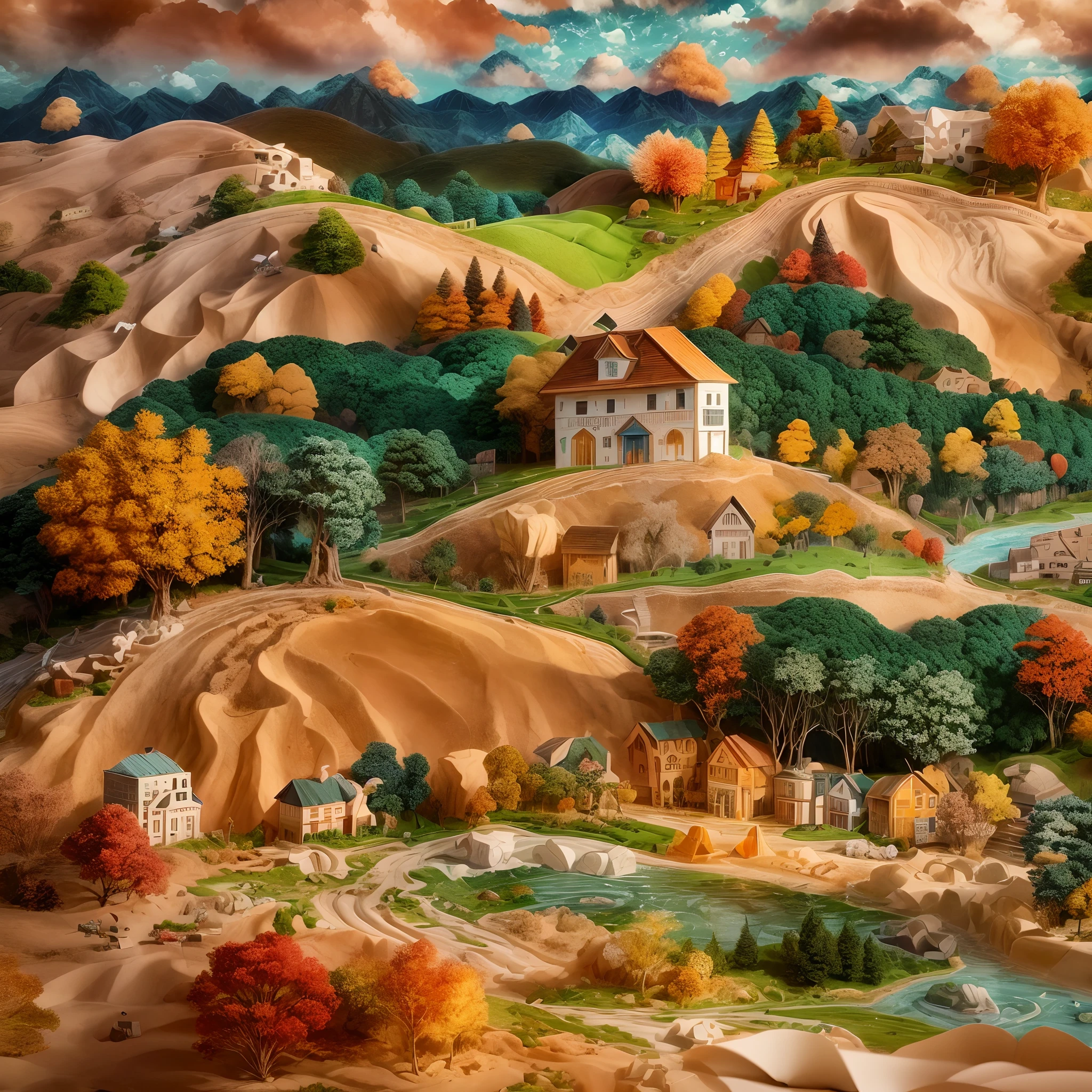 (sandbox:1.4),Movie Angle,(in fall,with blue sky and white clouds,Green Mountains and Green Water,terraced,haystack,dairy cattle,bumper harvest),(paper art,Quilted paper art,geomerty),(Extremely colorful, Best quality, Detailed details, Masterpiece, offcial art, movie light effect, 4K, Chiaroscuro)