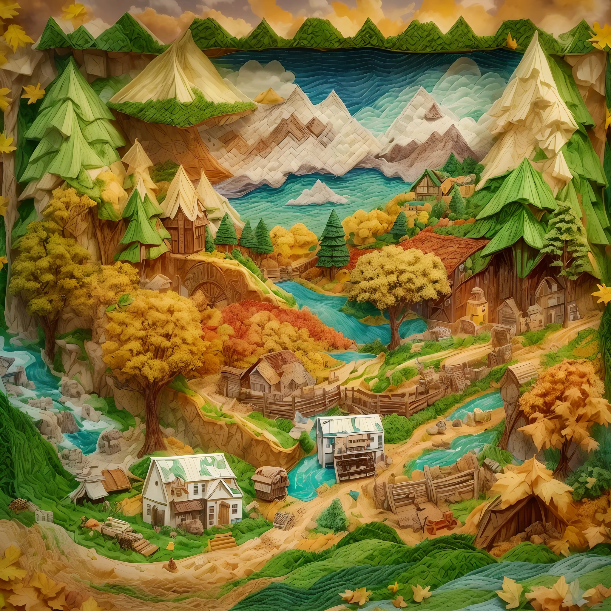 (sandbox:1.4),Movie Angle,(in fall，with blue sky and white clouds，Green Mountains and Green Water，terraced，haystack，dairy cattle，bumper harvest),(paper art,Quilted paper art,geomerty),(Extremely colorful, Best quality, Detailed details, Masterpiece, offcial art, movie light effect, 4K, Chiaroscuro)