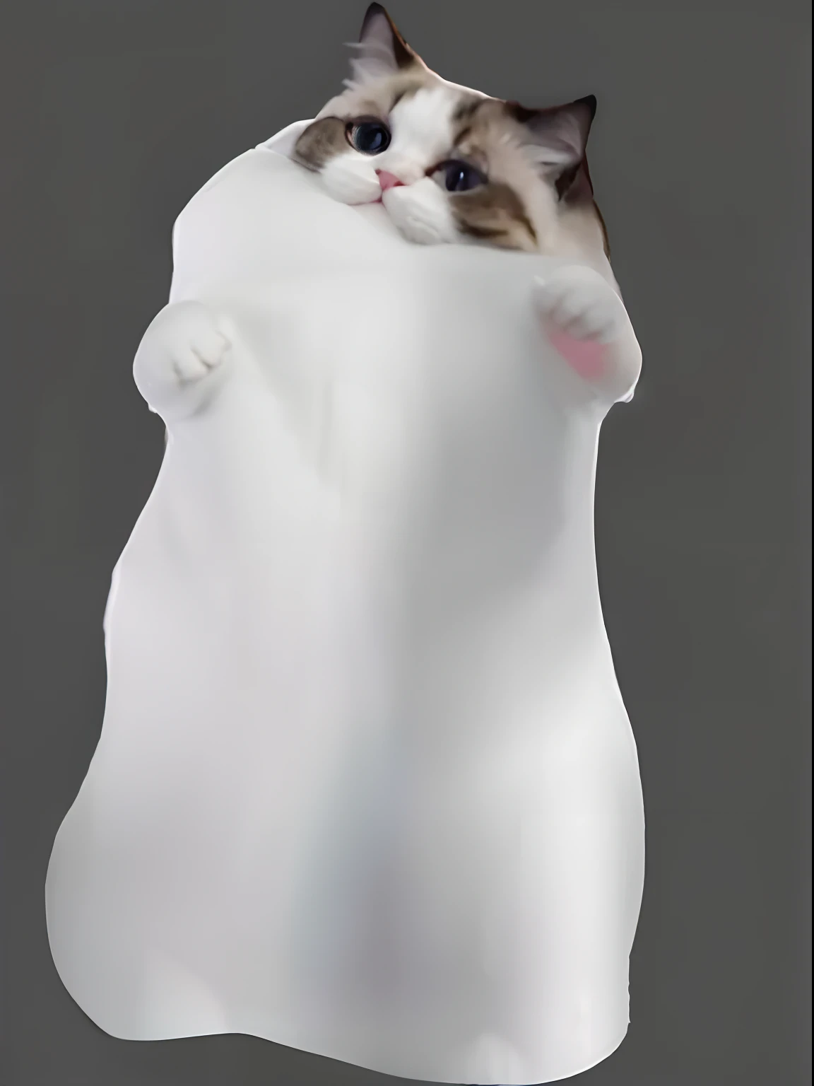 There was a cat sitting on a pillow, chonker cat, she has a jiggly fat round belly, Fat cat, whole cat body, zoomed out full body, he has an elongated head shape, fat chibi grey cat, fluffy body, background removed, human cat hybrid, anthropomorphic female cat, very symmetrical body