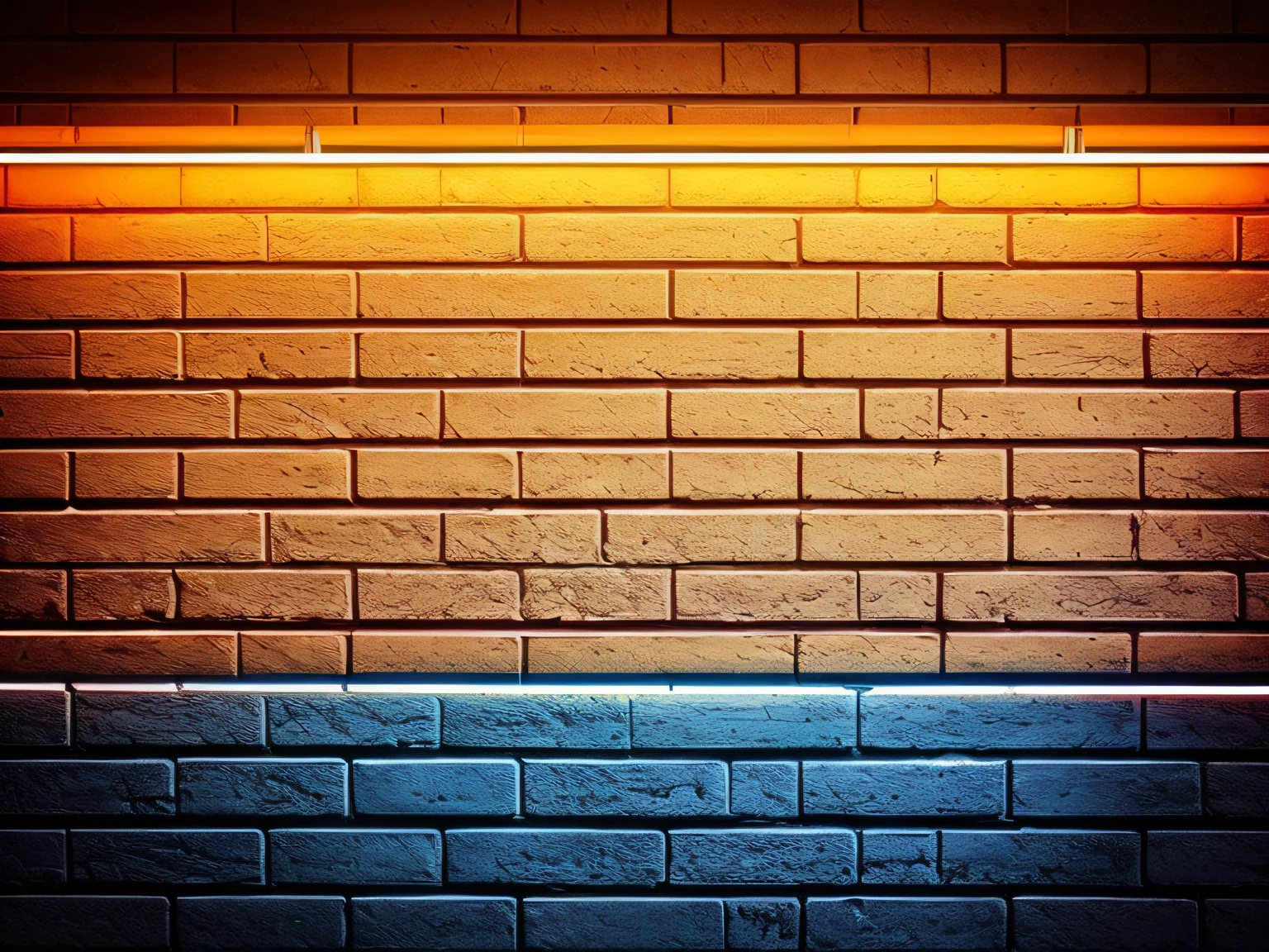 Neon light on retro brick walls that are not plastered background and texture, Lighting Effect: Yellow Neon Background, naranja y azul
