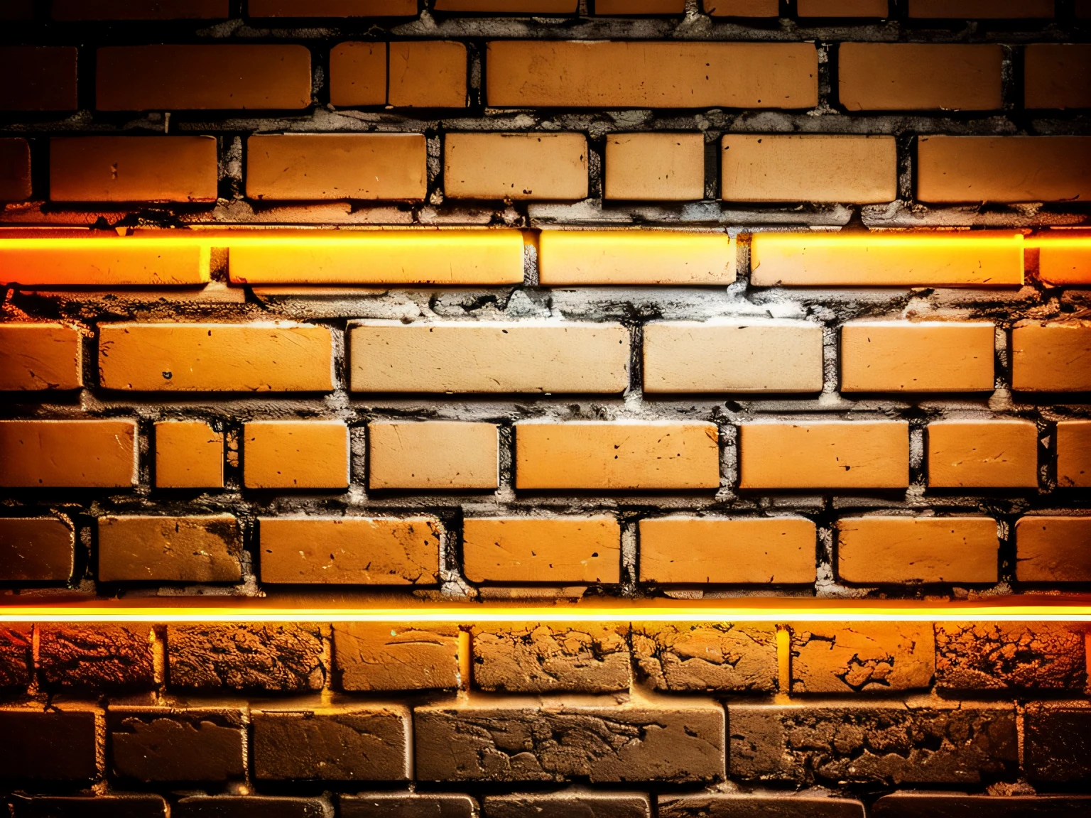 Neon light on retro brick walls that are not plastered background and texture, Lighting Effect: Yellow Neon Background, naranja y azul