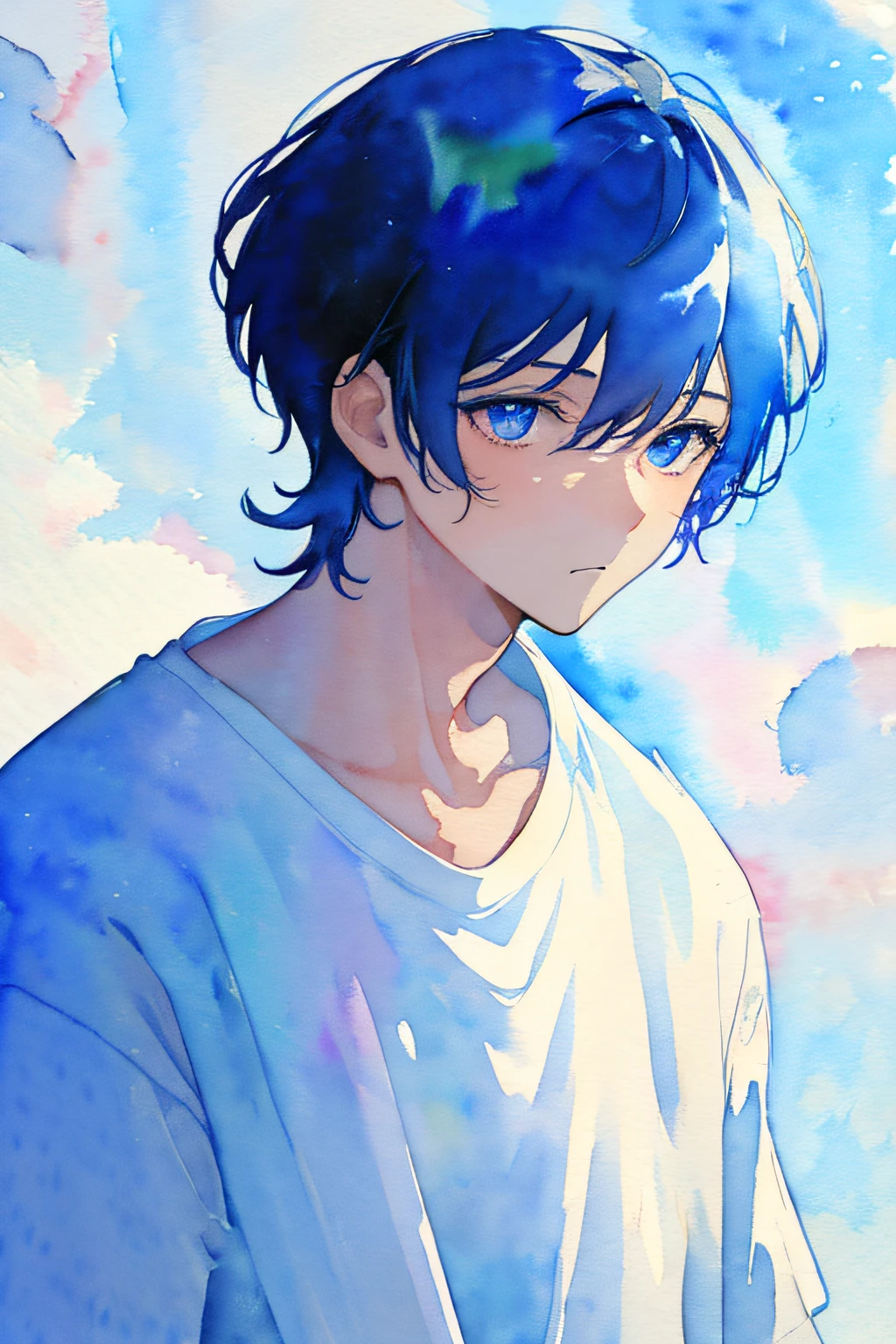 (watercolor:1.3), best quality, masterpiece, simple background, high contrast, high resolution, solid color, 1guy, solo, close up, front, look away, white shirt, sexy nape, clavicle, straight face, close mouth, pale blue short hair, blue eyes, blue highlight,