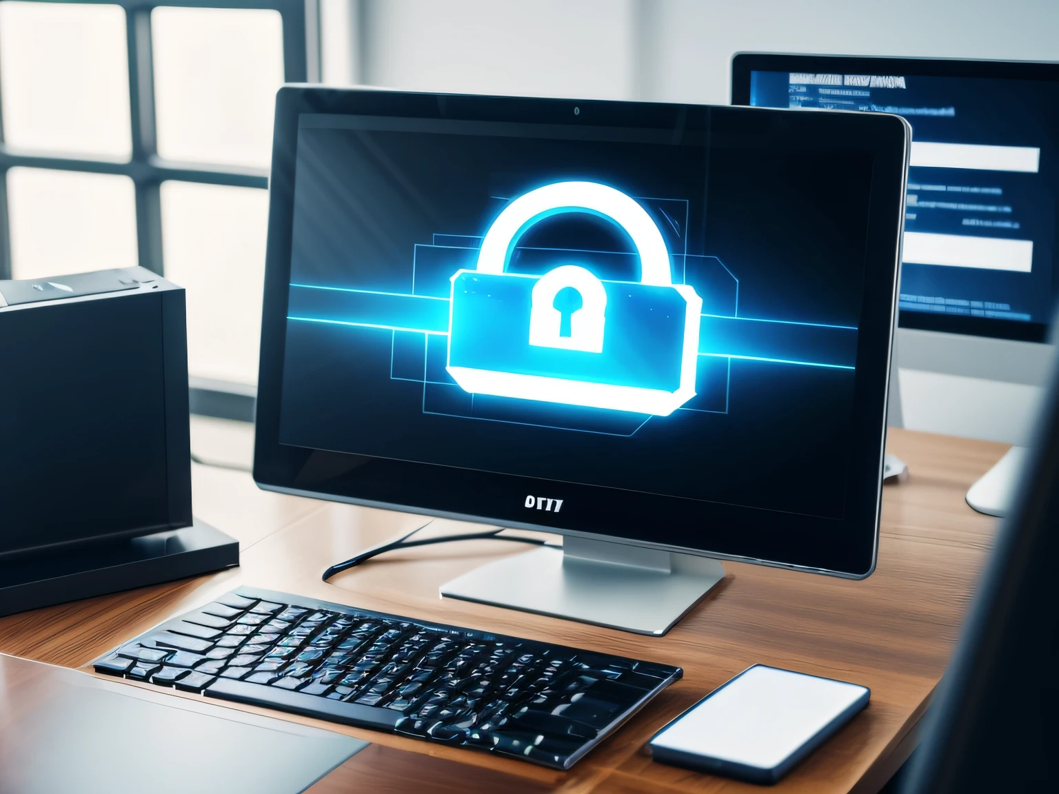 Cyber security system, data protection, digital technology. Computer programmer using modern computer with digital padlock and cyber security network, data encryption
