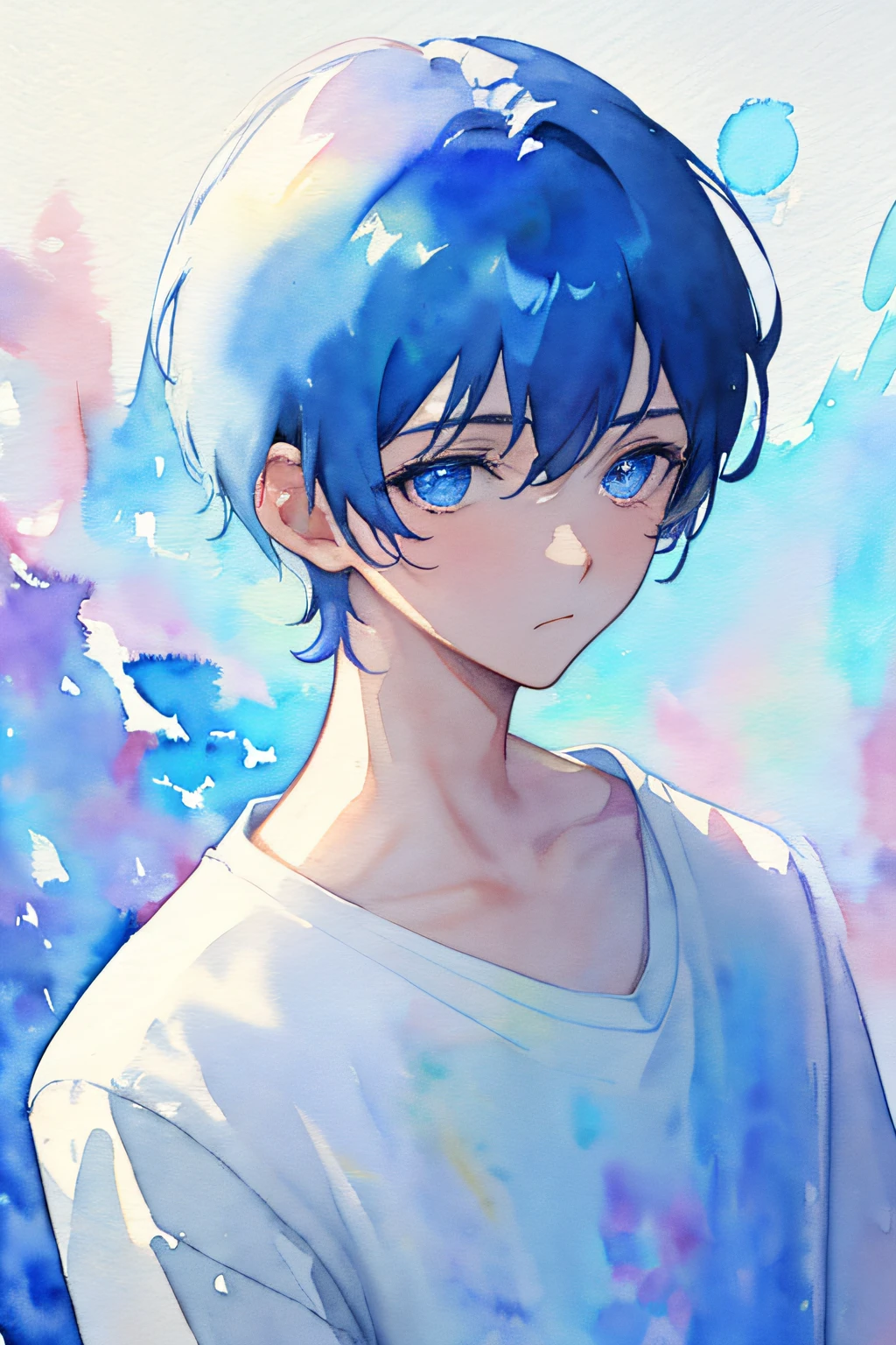 (watercolor:1.3), best quality, masterpiece, simple background, high contrast, high resolution, solid color, 1guy, solo, close up, front, look away, white shirt, sexy nape, clavicle, straight face, close mouth, pale blue short hair, blue eyes, blue highlight,