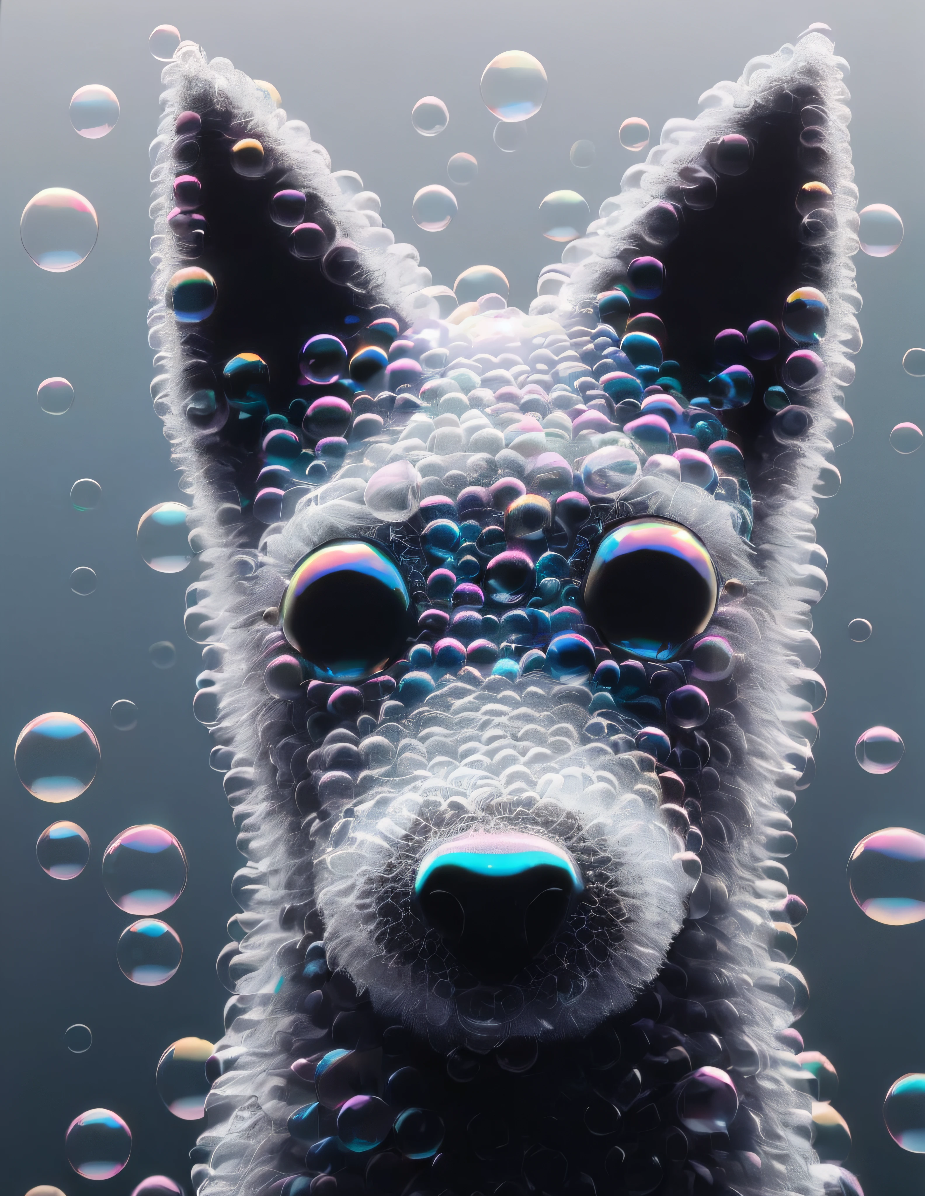 made of bath foam and soap bubbles, photograph capturing a kelpie, with sharp focus, vibrant colors, strong film grain, cinematic lighting