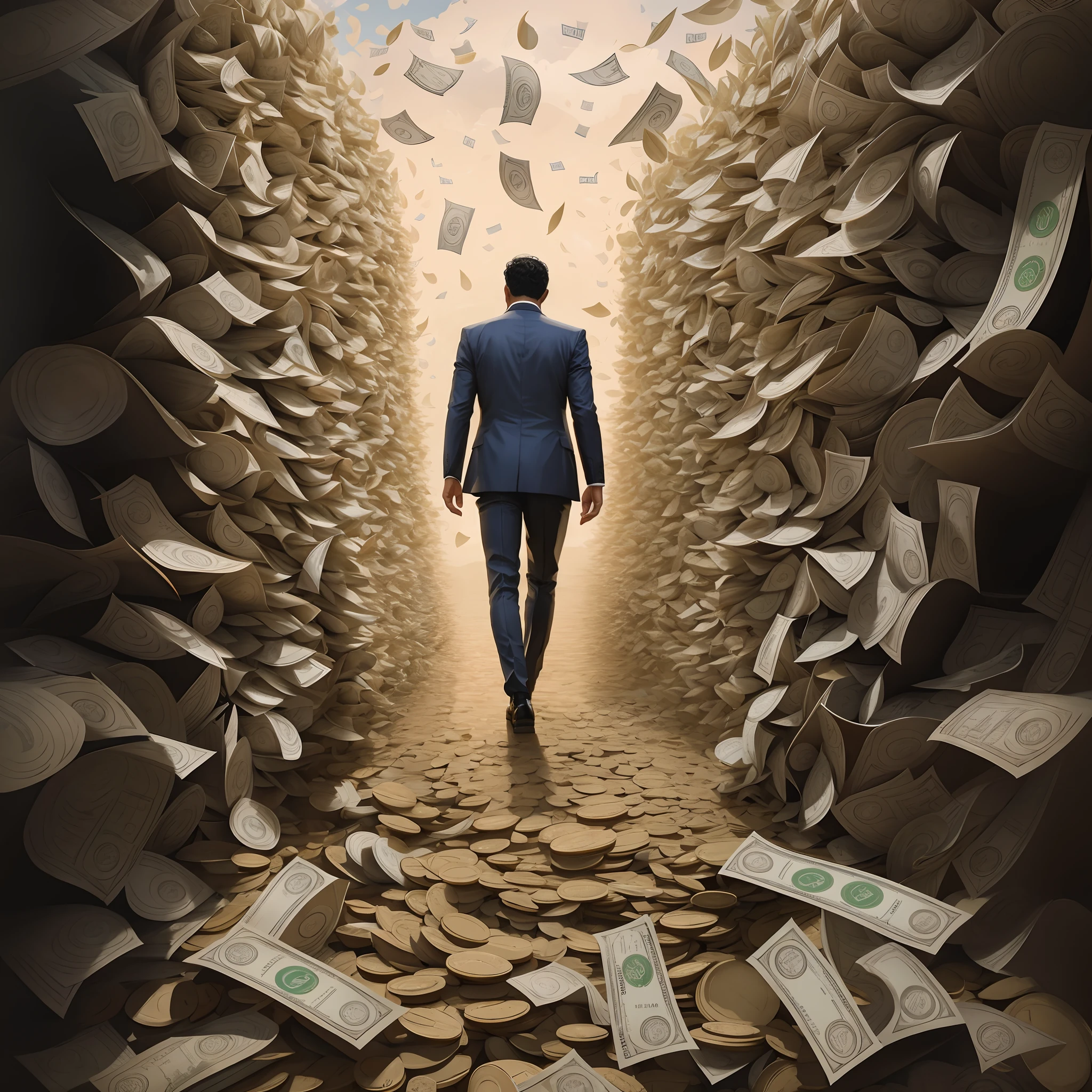 Image of a man in a suit walking through a money tunnel, obras de arte pagas, Directed by: Elias Ravanetti, um hiper realista, Directed by: Seb McKinnon, billions of details, rico em textura ), Arte Promocional, imagem realista verdadeira, Directed by: Harrington Mann, rico em detalhes, inspirado em Igor Morski, um ultra realista, arte ilustrativa