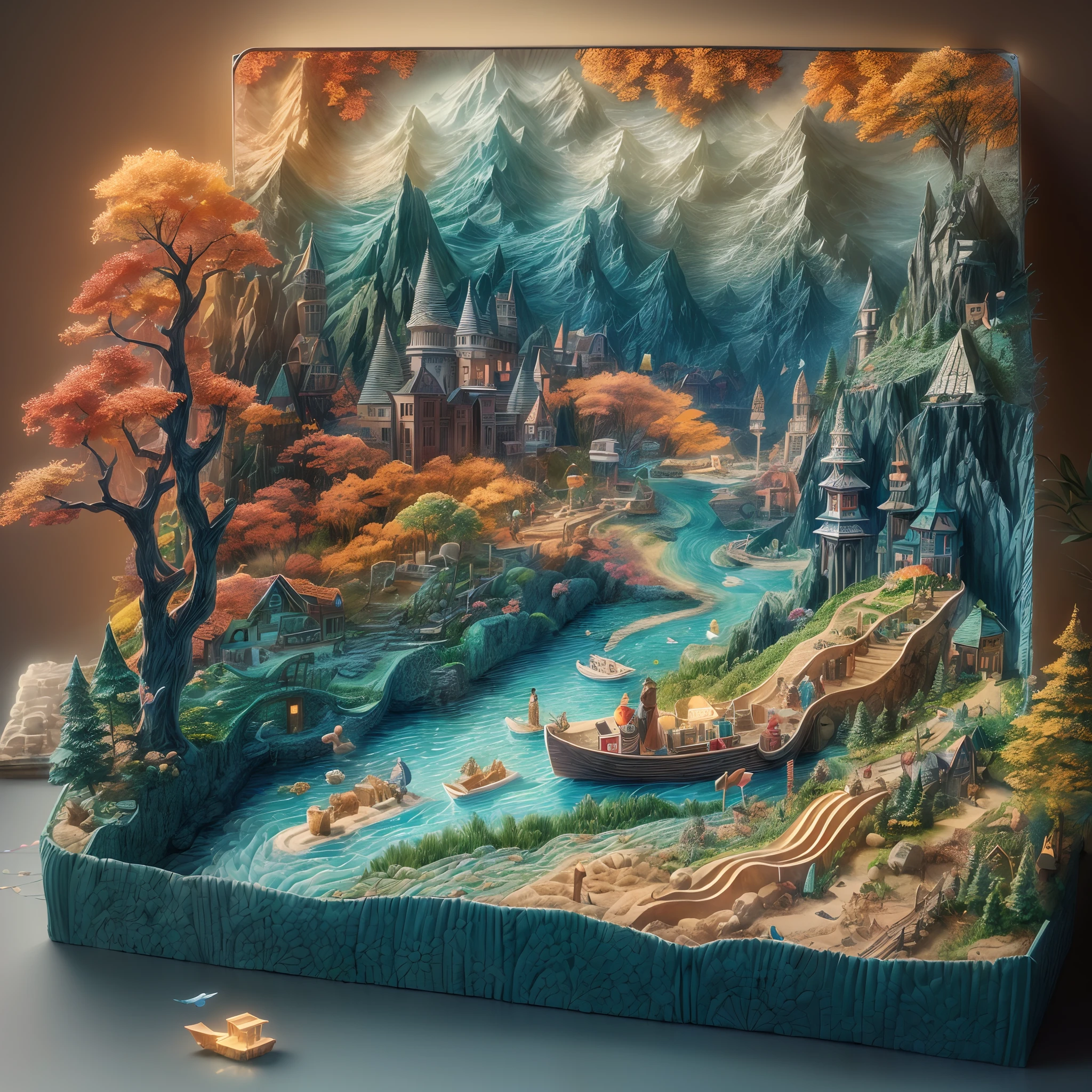 (Sandbox:1.4),cinematic angle,(Haoyue, Starlight, Mountains, ln the forest, rivers, small boats, fishing),(paper art,Quilted paper art,geomerty),(extremely colorful, Best quality, Detailed details, Masterpiece, offcial art, movie light effect, 4K, Chiaroscuro)