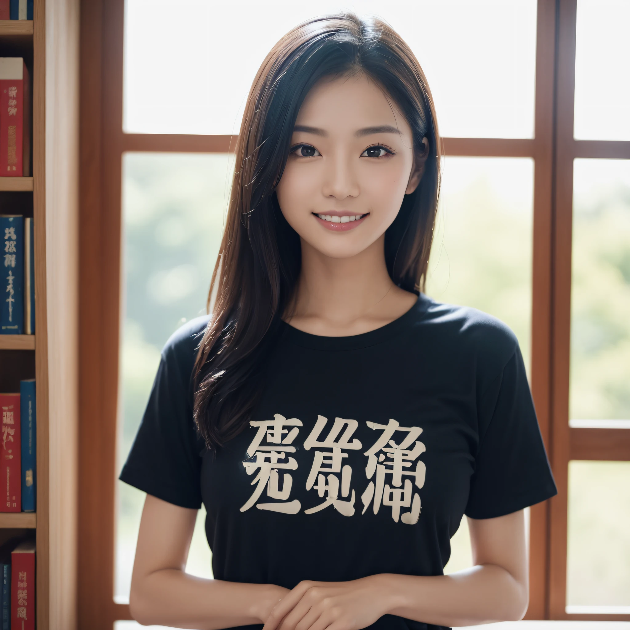 One beauty、((best qualtiy、8k masterpieces:1.3))、foco nítido:1.2、(ultra beautiful faces:1.0)、(shinny skin:1.0)、photos realistic、A dark-haired、Video Lighting、High-definition eyes and face、Video Lighting、Japanese ido、from the front side、medium breasts、Smile、Slender Abs Beauty、Whole body、Wearing a T-shirt with Japan kanji written on it、at the library