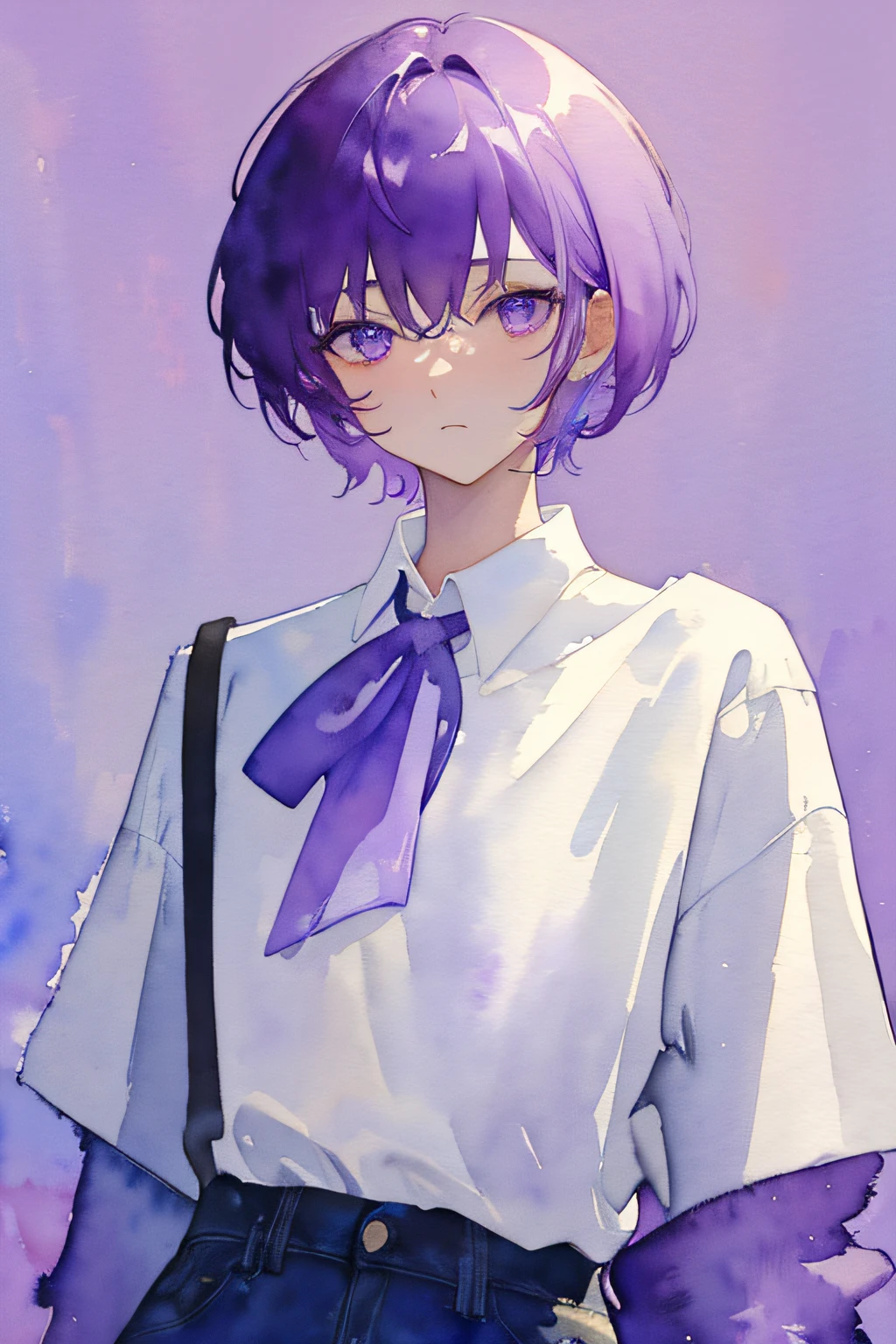 (watercolor:1.3), best quality, masterpiece, simple background, high contrast, high resolution, solid color, 1guy, solo, close up, front, look away, white shirt, sexy nape, clavicle, straight face, close mouth, pale purple short hair, purple eyes, purple highlight,