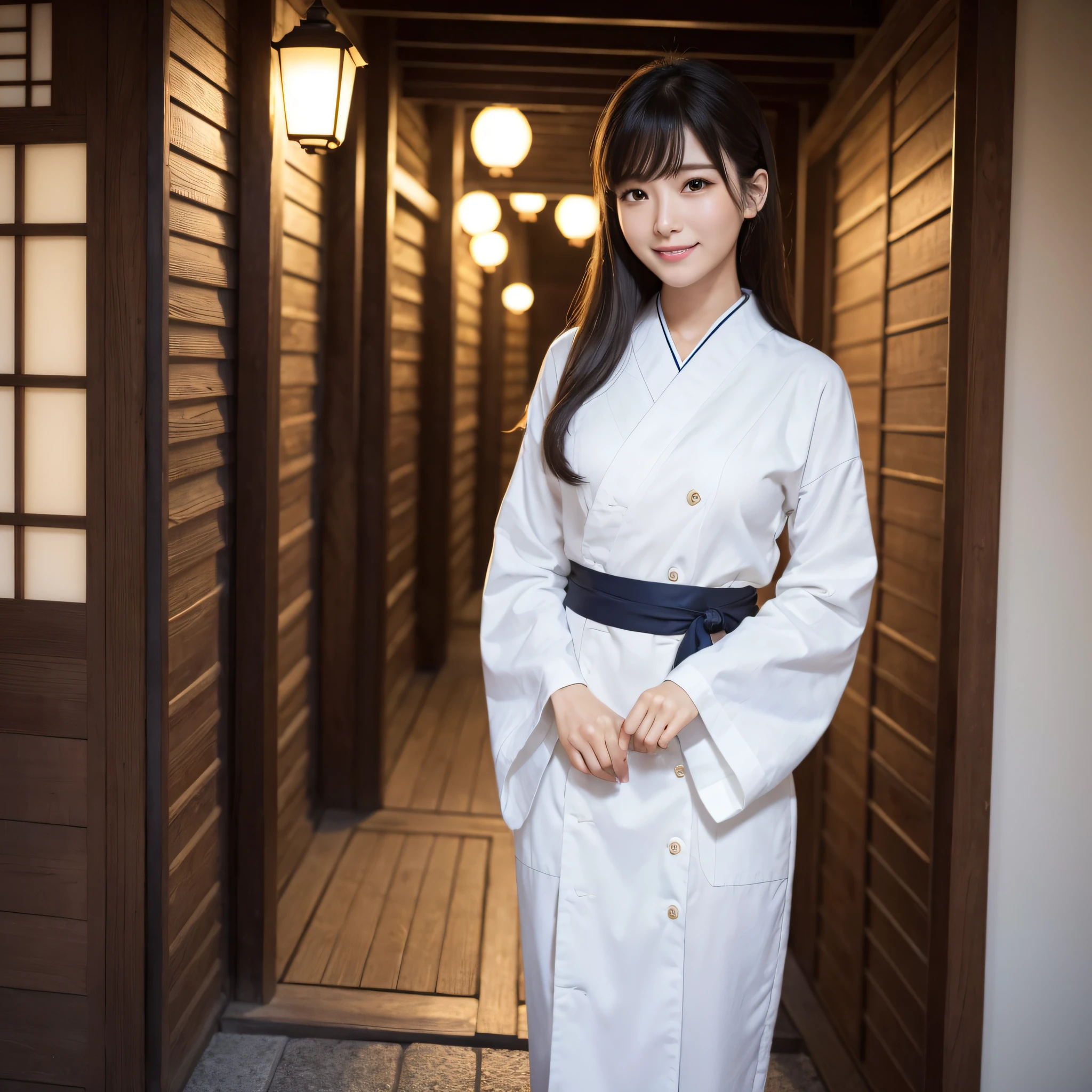 Beautiful woman in neat Japanese clothes、((best qualtiy、8k masterpieces:1.3))、foco nítido:1.2、(ultra beautiful faces:1.0)、(shinny skin:1.0)、photos realistic、A dark-haired、Video Lighting、High-definition eyes and face、Video Lighting、Japan Idol Actress、from the front side、medium breasts、Smile、Slender Abs Beauty、Whole body、In Gion