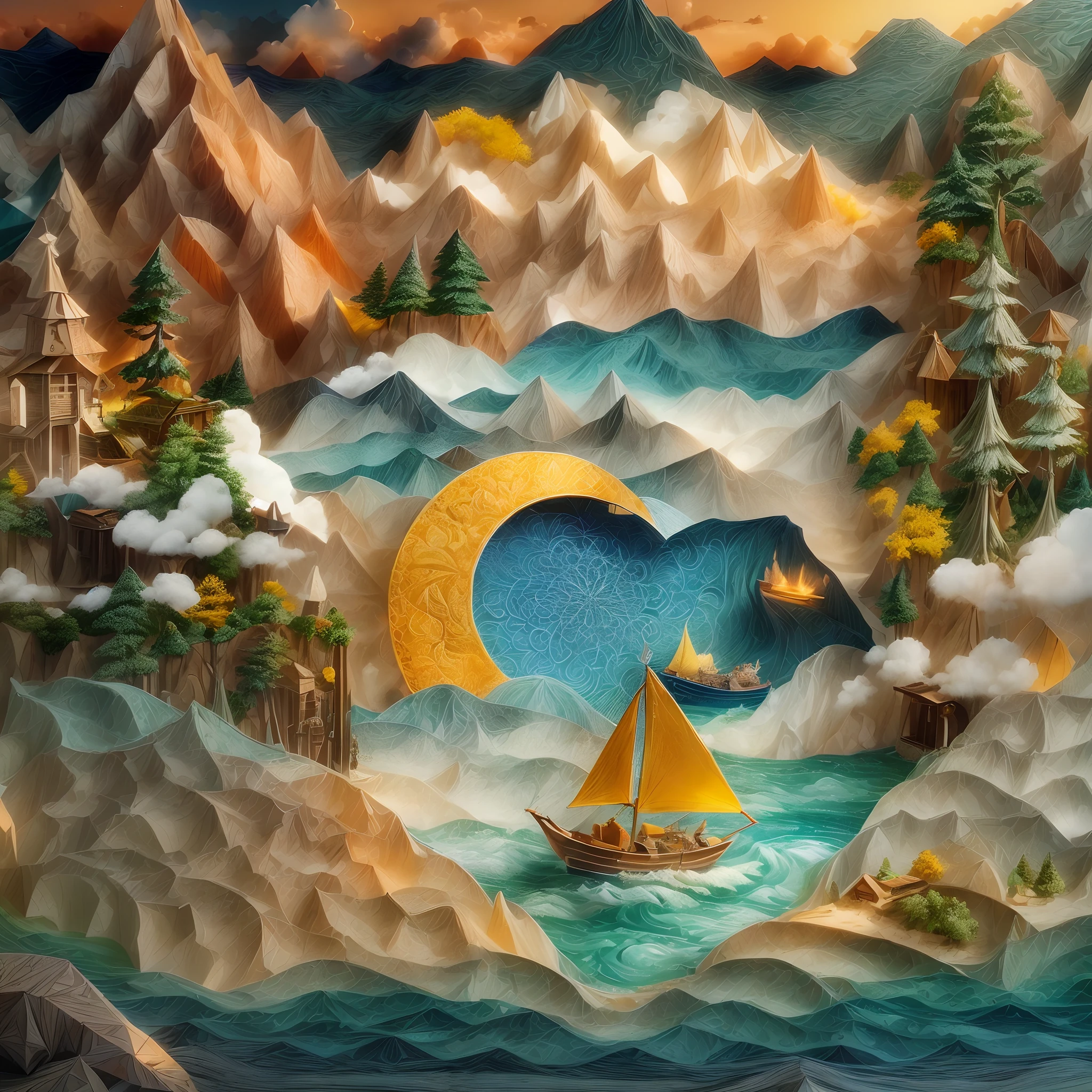 (Sandbox:1.4),cinematic angle,(Sun, white clouds, mountains, forests, rivers, small boats, fishing),(paper art,Quilted paper art,geomerty),(extremely colorful, Best quality, Detailed details, Masterpiece, offcial art, movie light effect, 4K, Chiaroscuro)