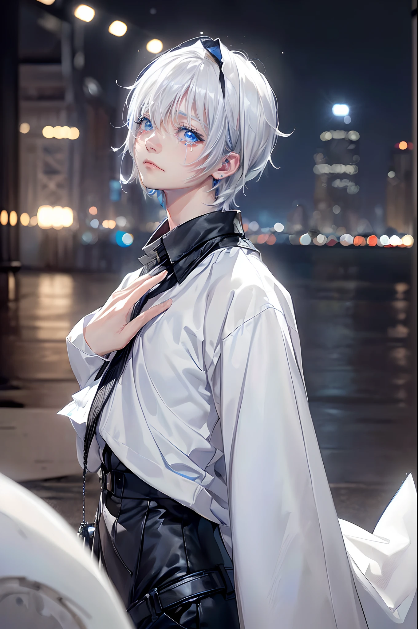 ((4K works))、​masterpiece、(top-quality)、One beautiful boy、Slim body、tall、((Black Y-shirt and white pants、Charming British knight style))、Please wear one jacket、(Detailed beautiful eyes)、Fantastic Night City、((City under the stars))、Fantastic city at midnight、((Face similar to Carly Rae Jepsen))、((Short-haired white hair))、((Smaller face))、((Neutral face))、((Bright blue eyes))、((American adult male))、((Adult male 26 years old))、((Cool Men))、((Like a celebrity))、((Crying expression))、((sad look))、((Korean Makeup))、((elongated and sharp eyes))、((Happy dating))、((boyish))、((Upper body photography))、Professional Photos、((Shot alone))、((She is looking up at the sky under the roof))、((Shot from the side))、((Crying profile))、((Face crying in pain))、((He is looking upwards))、((His eyes are looking down))、((He stands next to the viewer))、((He who cries))、I'm crying on a stick.、Solitude、saddened、desolate、suffocating、heartbreaking、auw