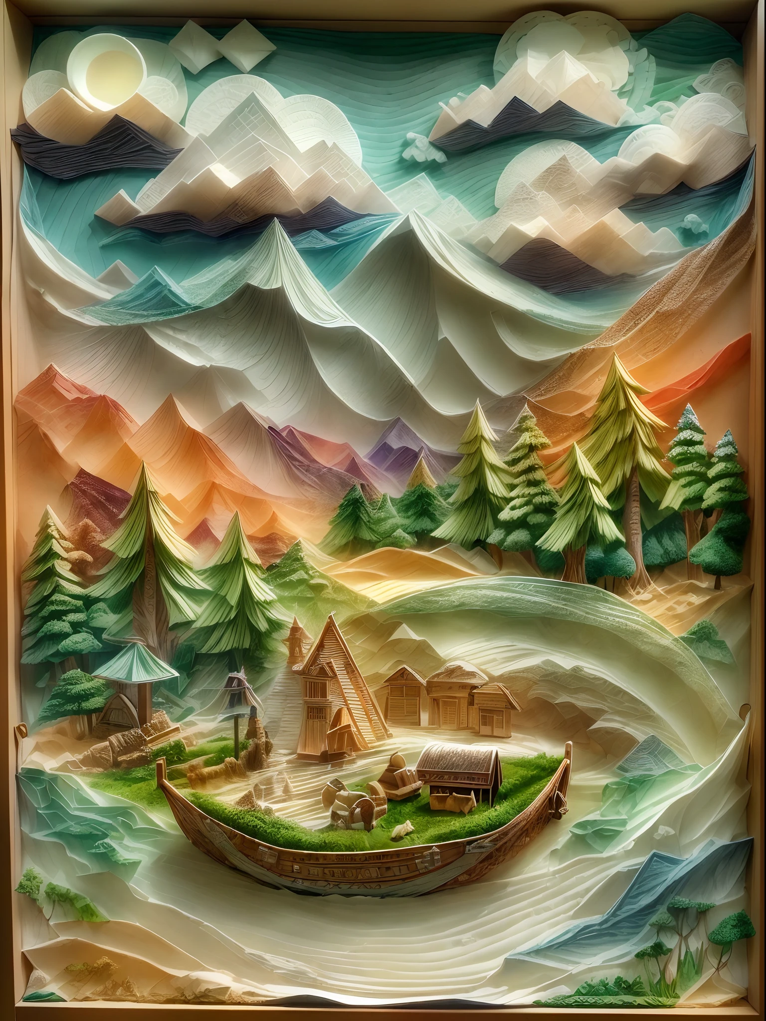 (sandbox:1.4),Movie Angle,(Sun, White clouds, Mountains, ln the forest, rivers, small boats, Fishing),(paper art,Quilted paper art,geomerty),(Extremely colorful, Best quality, Detailed details, Masterpiece, offcial art, movie light effect, 4K, Chiaroscuro)