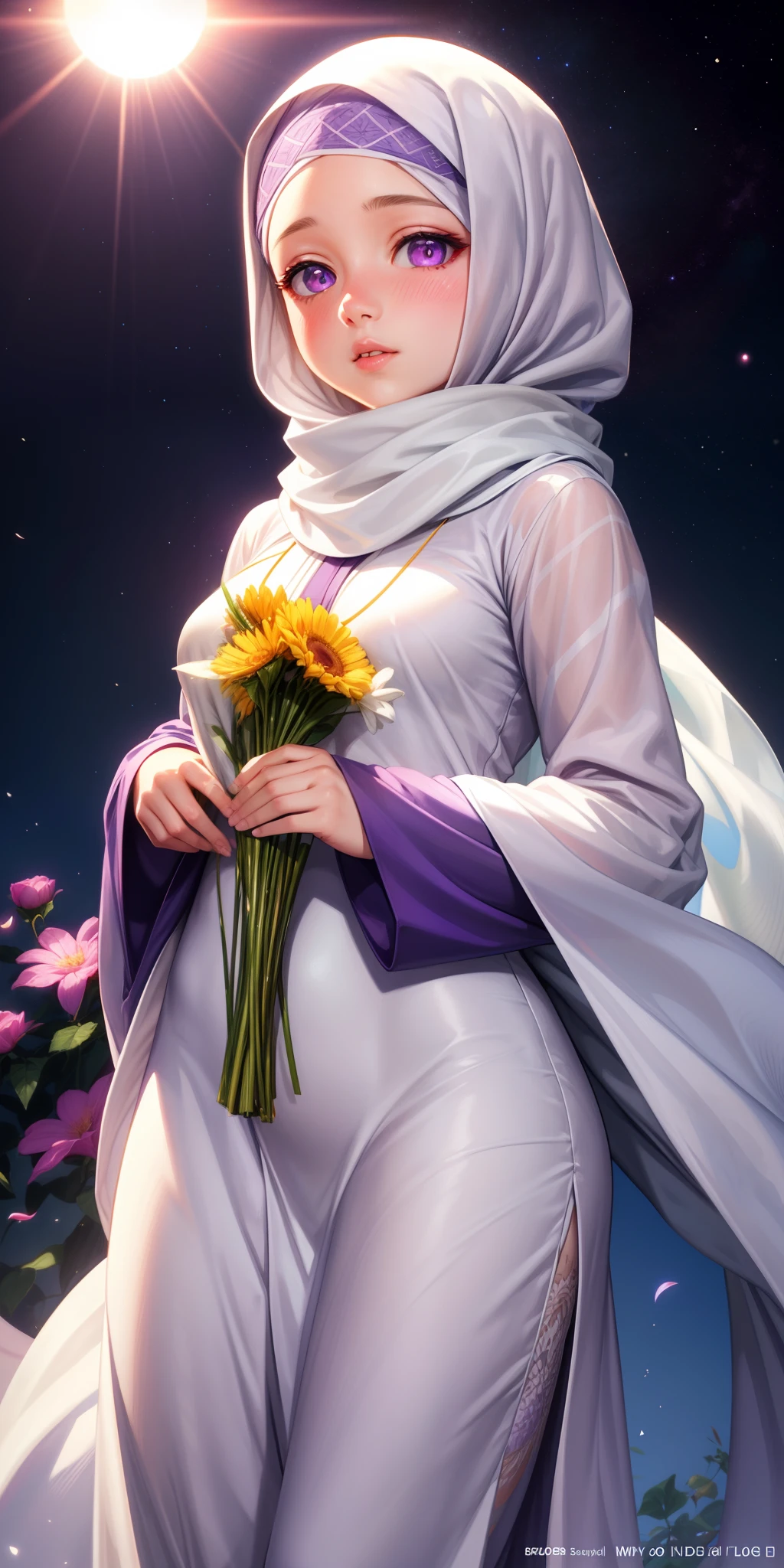 realistic, 1girl, white hijab, purple eyes, glowing eyes, hijab, jubba thobbe, parted lips, blush, night, flowers, sun, sunlight,