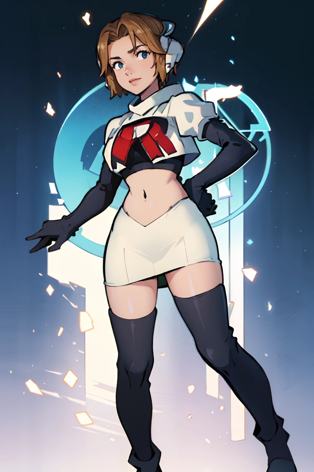 fioramechon, rocket,team rocket uniform, red letter R, white skirt,white crop top,black thigh-highs,black elbow gloves,