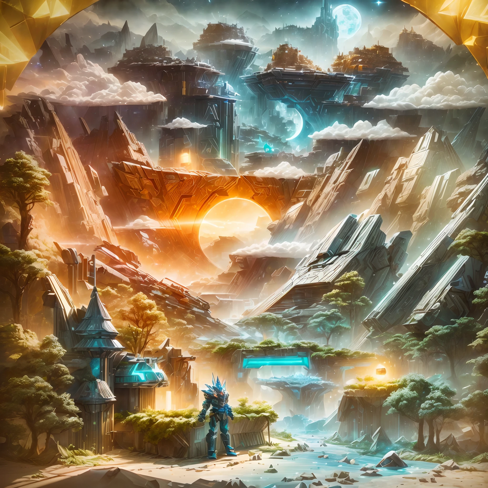 (sandbox:1.4),Movie Angle,(Star of Cybertron，kosmos，Mechanical City，Transformers，Mechanical Forest，themoon，A futuristic),(paper art,Quilted paper art,geomerty),(Extremely colorful, Best quality, Detailed details, Masterpiece, offcial art, movie light effect, 4K, Chiaroscuro)