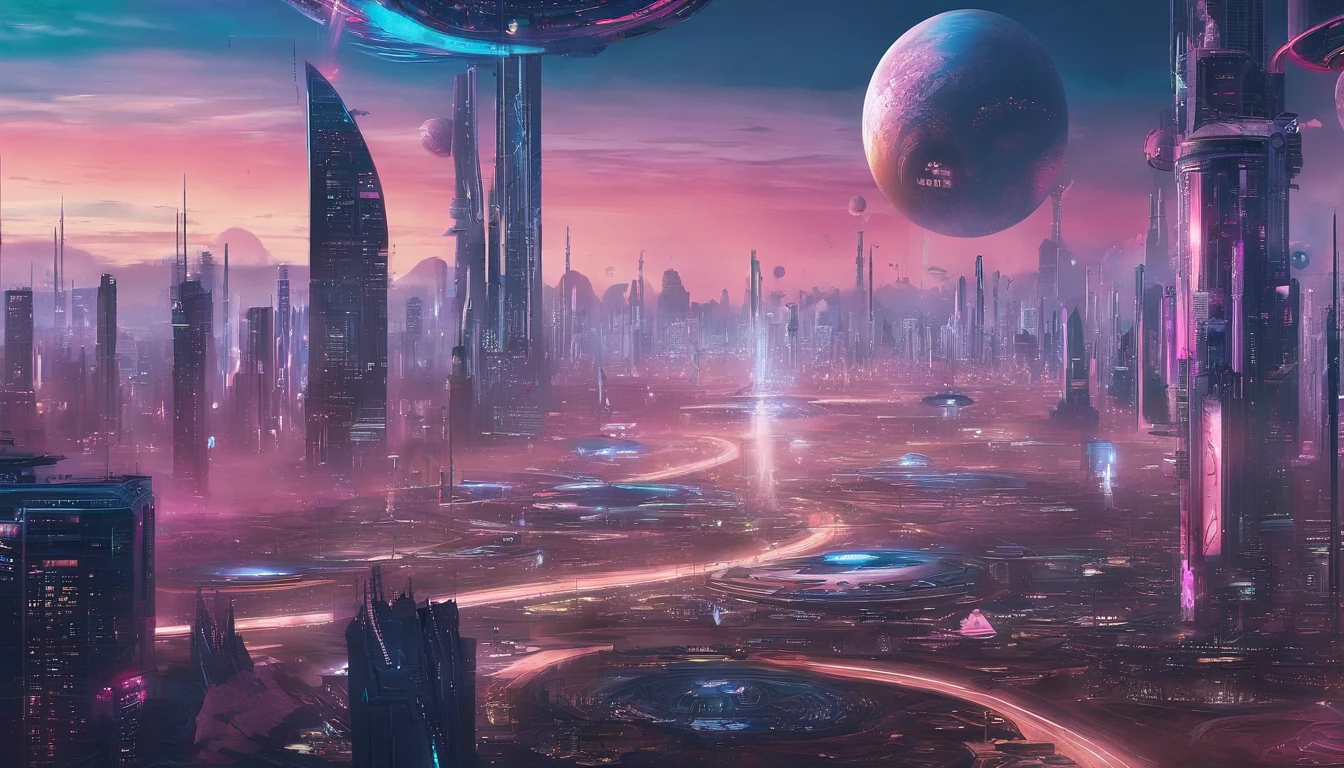 cyber punk perssonage、Cidade futuristica、planet earth、Skyscraper piercing clouds cyberpunk.SFart by、Utopian city、megacity、Dream、top-quality、tmasterpiece、Beautiful futuristic city
