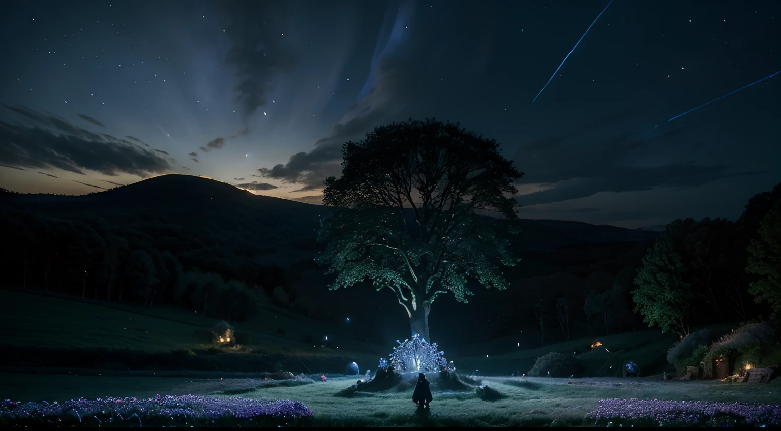 fantasy, other-worldly, (highlight merchant troop standing among night-blue flower on hill), bokeh, landscape, background elf-village, (background giant Yggdrasil tree), moonlit, gloomy silence, landscape