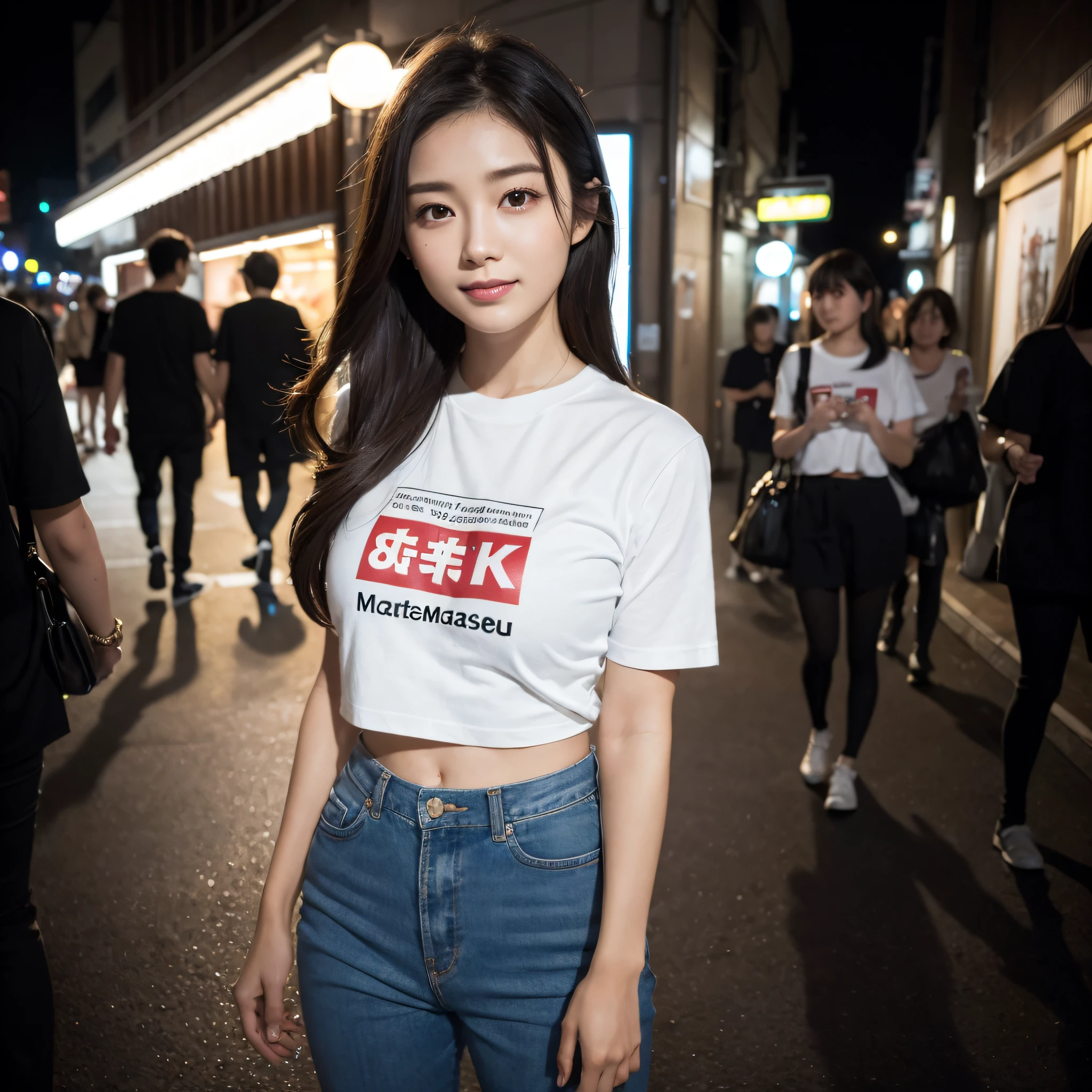 One lady、((best qualtiy、8k masterpieces:1.3))、foco nítido:1.2、(ultra beautiful faces:1.0)、(shinny skin:1.0)、photos realistic、A dark-haired、Video Lighting、High-definition eyes and face、Video Lighting、Japanese cute actress)、from the front side、medium breasts、Smile、Slender Abs Beauty、Whole body、wearing t-shirts、in tokyo at night