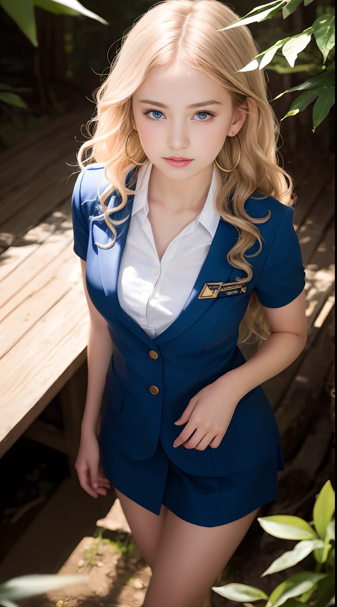 ((preteen)), Beautiful Girl, Model body, Big blue eyes, Small breasts, Long legs, Medium Hoop Earrings, Flight attendant uniform sexy, Shot from above, Very white skin, Long hair, Wavy Hair, Blonde hair , Cabin in the forest, Photorealistic, indirect lighting, Volumetric Lights, Ray tracing, ultra-detailliert, Best Quality, Ultra-high resolution, nffsw, 8K, Heavy volumetric fog