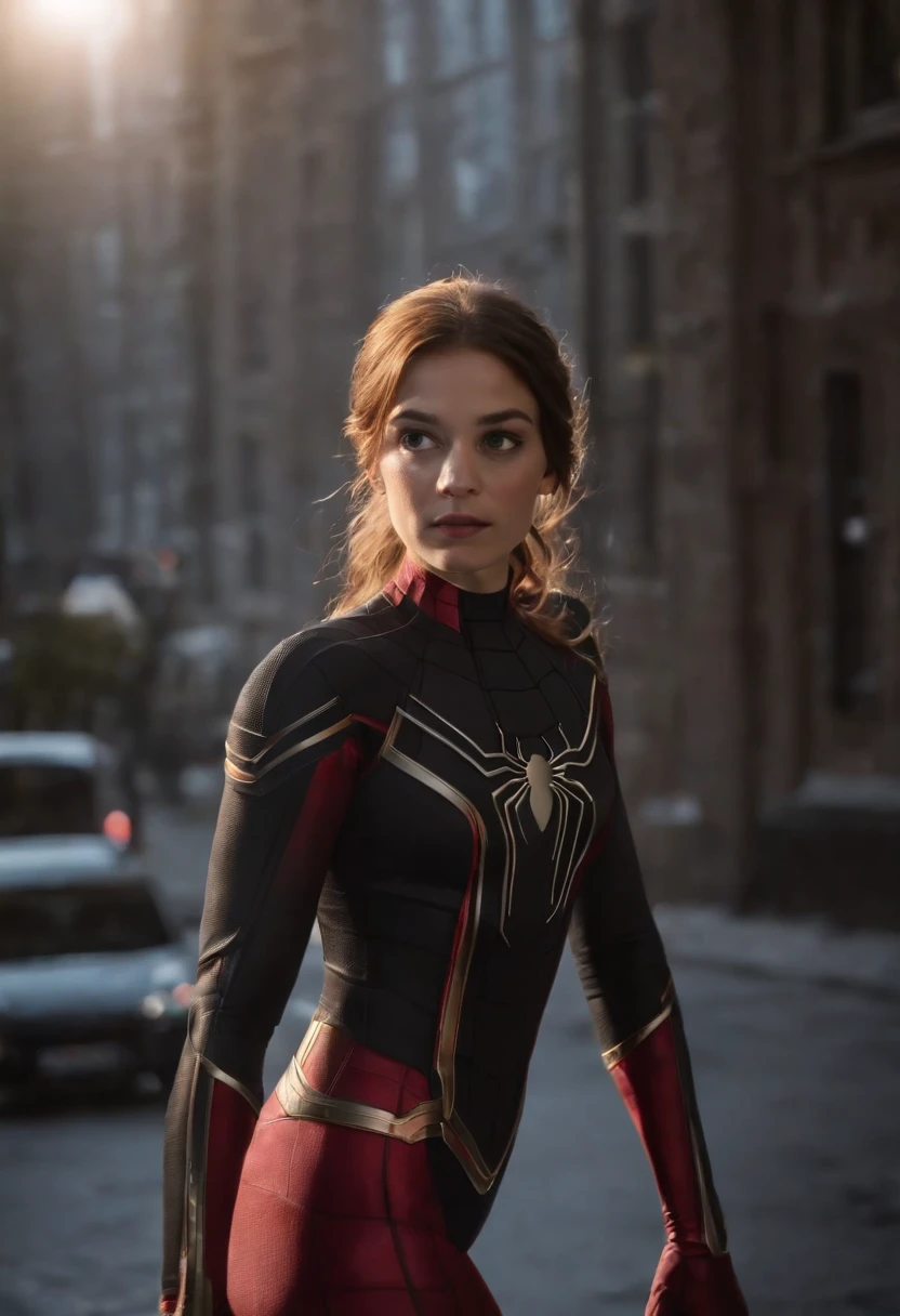 Woman enters the world of spiders, Apunte a un《Dive into Spider-Man》Film style, Se puso de pie, Looking at the camera, fondo negro, Fondos de pantalla Oleed, traje blanco, sonriente