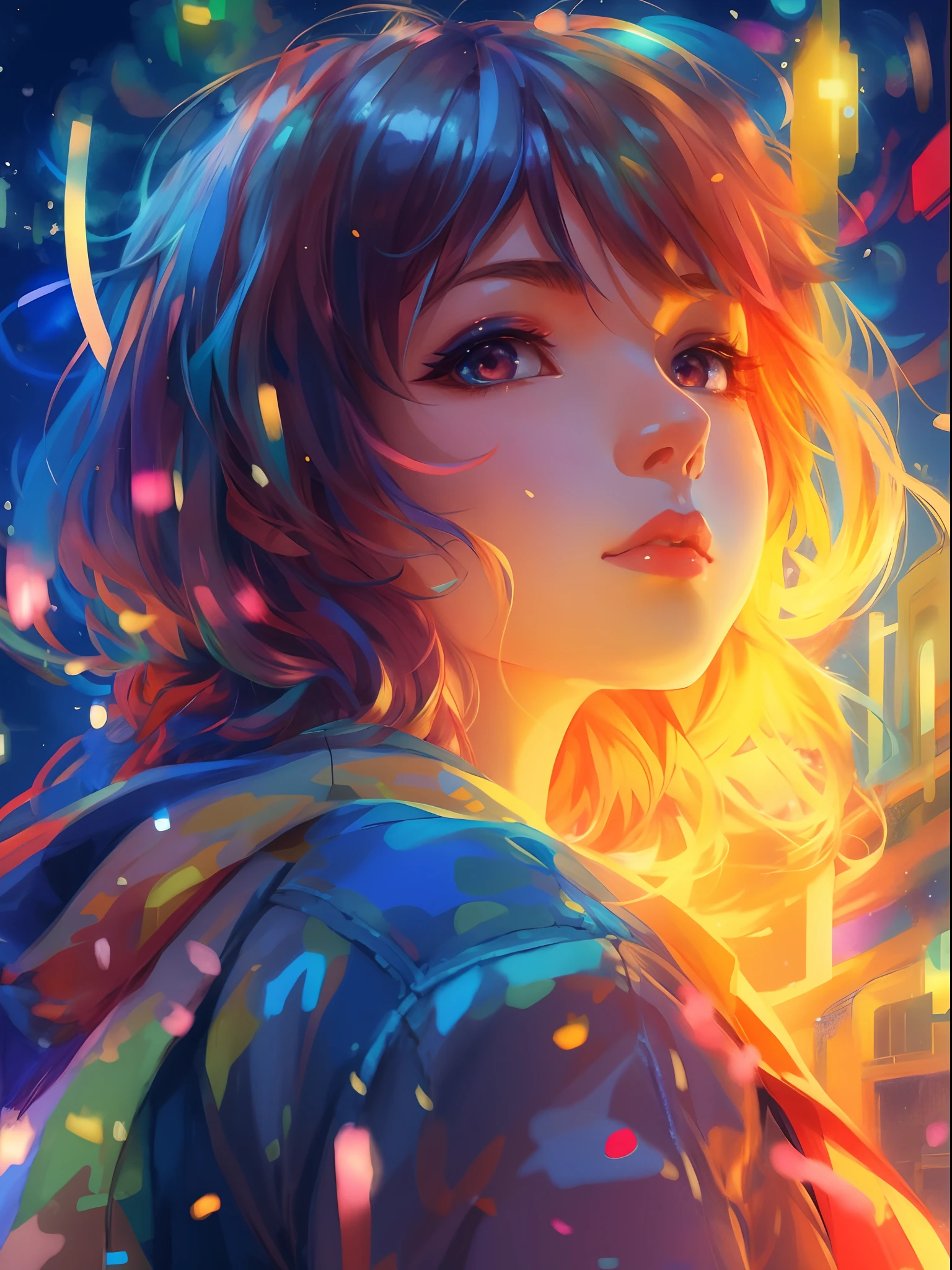 a girl with a bright hair and a blue jacket looks at the camera, inspired by Yuumei, digital anime art, colorful digital painting, rossdraws cartoon vibrant, anime style 4 k, alice x. zhang, by Yuumei, digital anime illustration, beautiful anime portrait, vibrant digital painting, detailed digital anime art, anime digital art