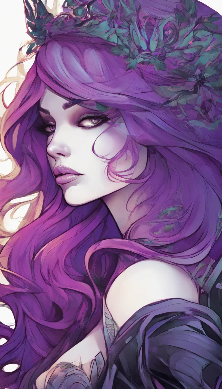 Close up portrait of woman in costume with purple hair and purple glowing eyes, Glowing green pumpkin, lois van baarle and rossdraws, artgerm and lois van baarle, artgerm and rossdraws, rossdraws cartoon vibrant, a beautiful succubus, ross tran style, rossdraws 2. 5, inspired by Ross Tran, halloween art style, very detailed Artgerm