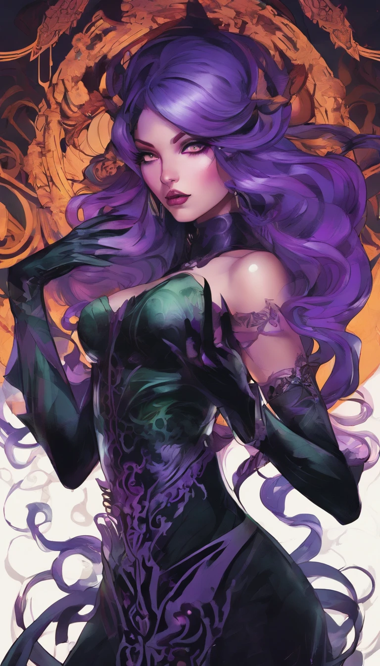 Close up portrait of woman in costume with purple hair and purple glowing eyes, Glowing green pumpkin, lois van baarle and rossdraws, artgerm and lois van baarle, artgerm and rossdraws, rossdraws cartoon vibrant, a beautiful succubus, ross tran style, rossdraws 2. 5, inspired by Ross Tran, halloween art style, very detailed Artgerm