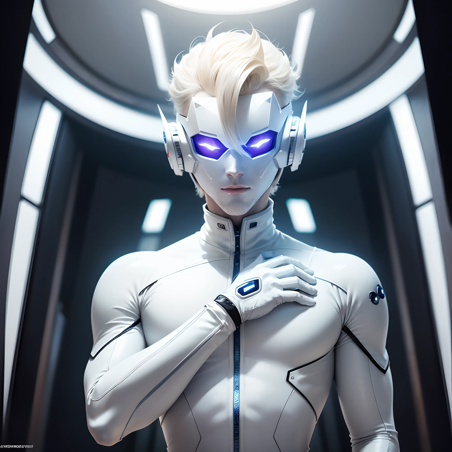 (futuristic, sci fi)Male in all white body suit, blonde hair, white gloves, full body suit, hands visible, hair visible, pale skin, beautiful face, masterpiece, white futuristic mask covering mouth, eyes visible, evil intent,