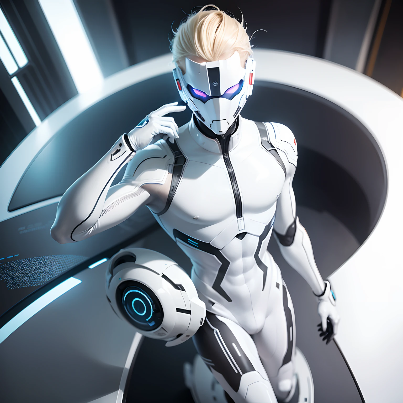 (futuristic, sci fi)Male in all white body suit, blonde hair, white gloves, full body suit, hands visible, hair visible, pale skin, beautiful face, masterpiece, white futuristic mask covering mouth, eyes visible, evil intent,