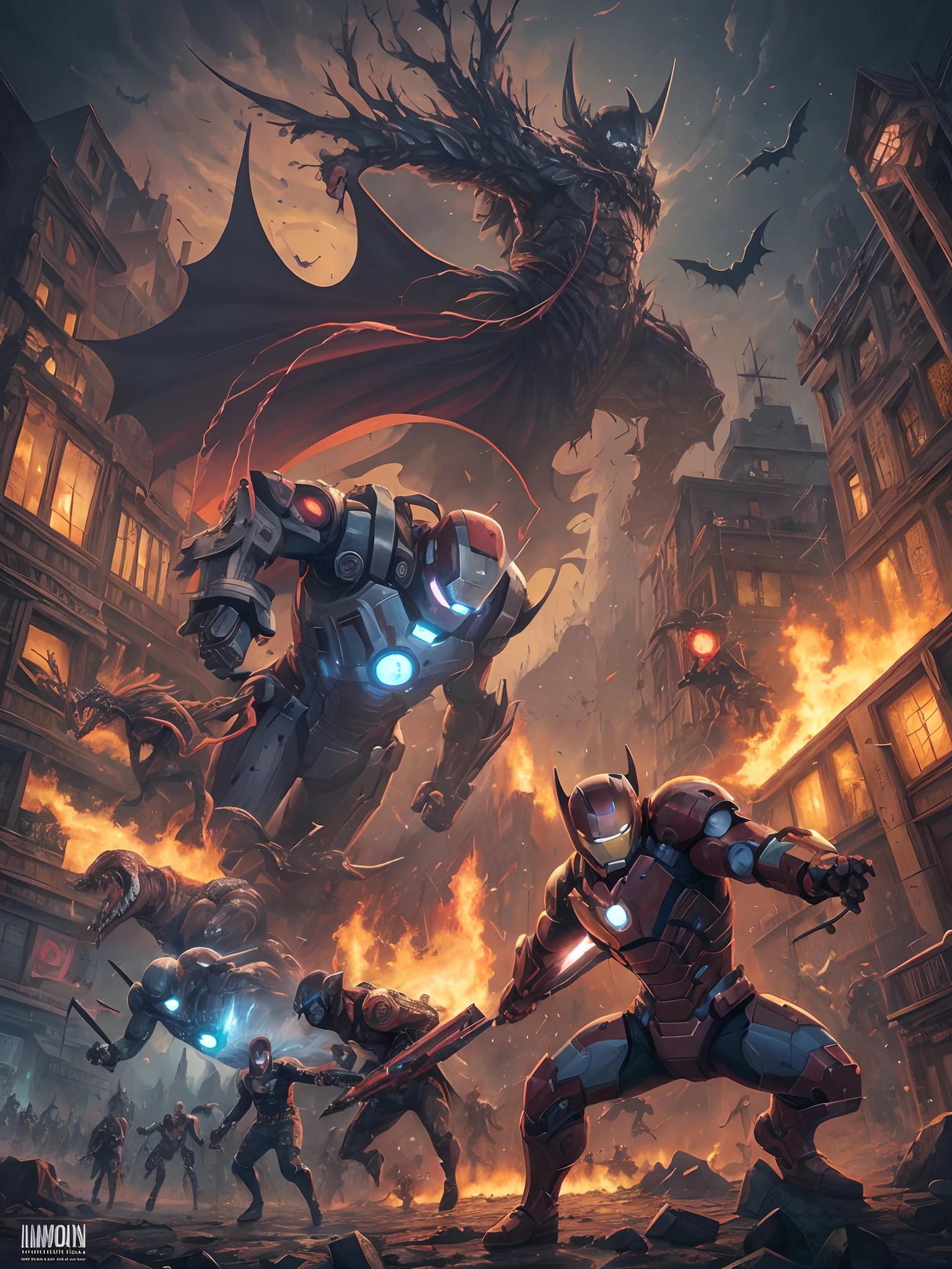 colorful cartoon painting,swarm of horrible and scary Ironman gang battle creepy batman gang , invade city, mob running away, city onfire and smoking, in the style of ghibili,disneys,shonen-jump,aomori, mixed media, surrealism painting, a journey into my imagination, detailed, elegant, intricate, 4 k, beauty funny painting -- ar 3:2 --auto --s2