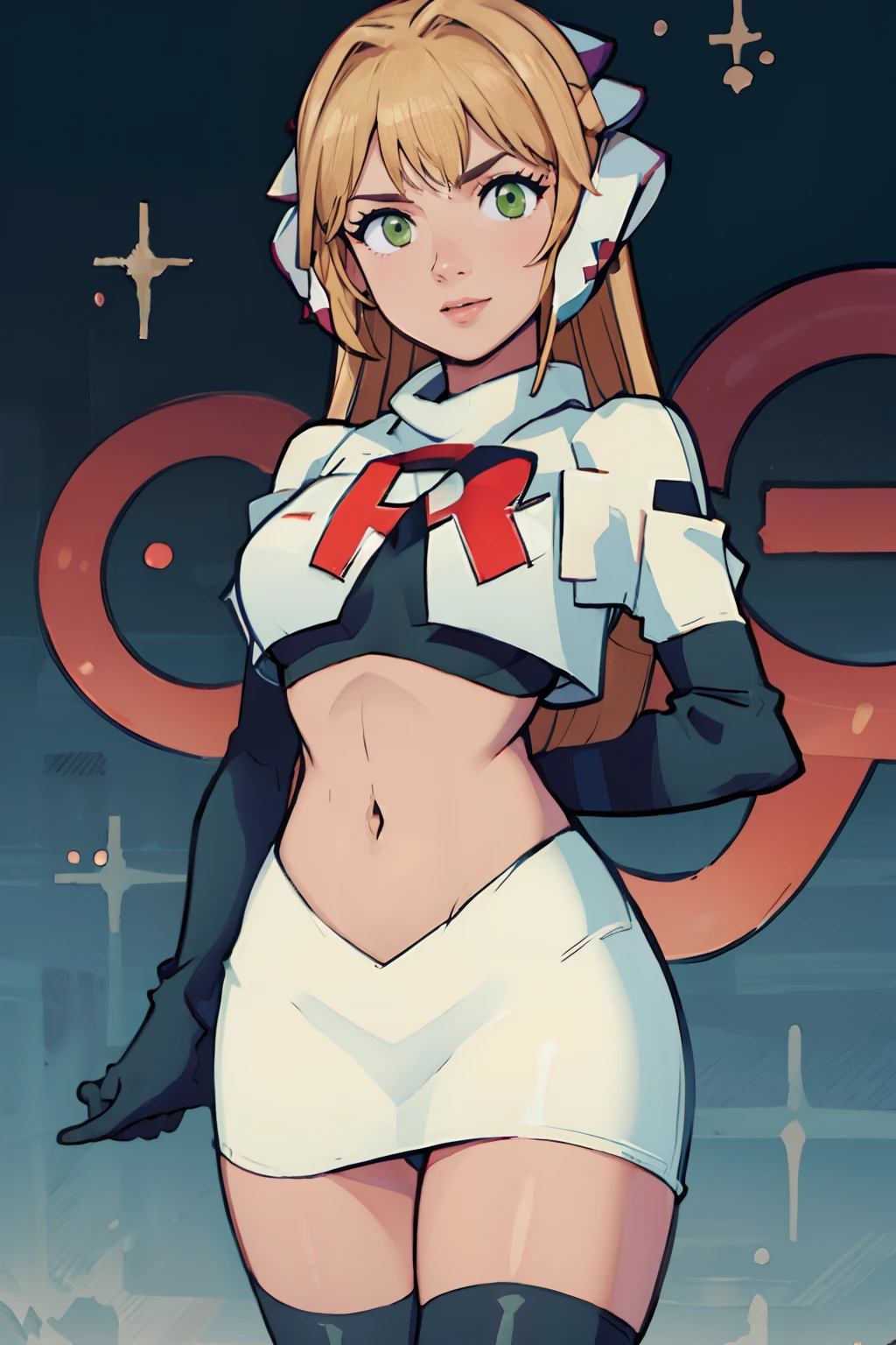 fioramechon, rocket,team rocket uniform, red letter R, white skirt,white crop top,black thigh-highs,black elbow gloves, green eyes