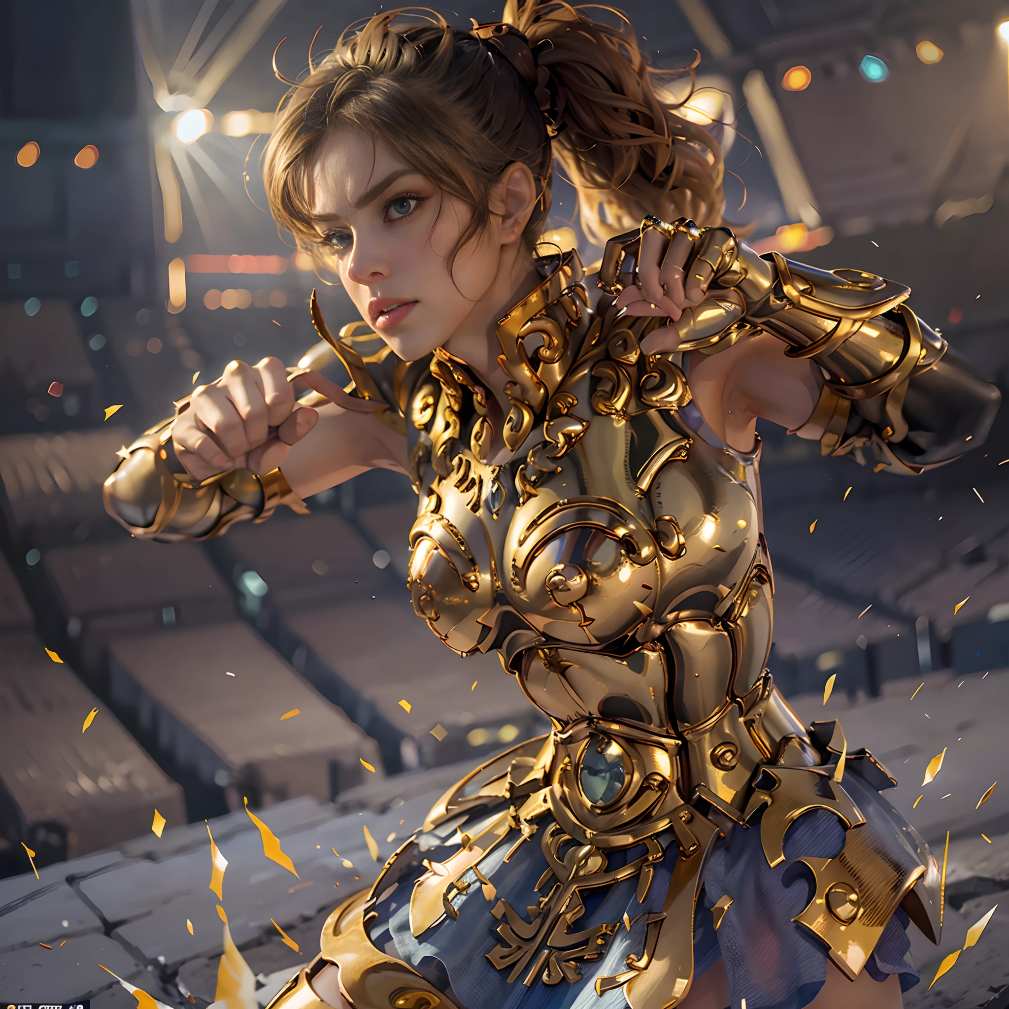 **render**: Boxing Girls, Rendered in highly detailed 4K, Get caught up in intense moments at the Greek Colosseum. When she shakes her fist, The luster of her skin and her detailed features stand out. The background is vivid with strong sunlight, Showcase a Colosseum packed with spectators.　ultra-detailliert,(golden armour:1.2),Leo Armor,