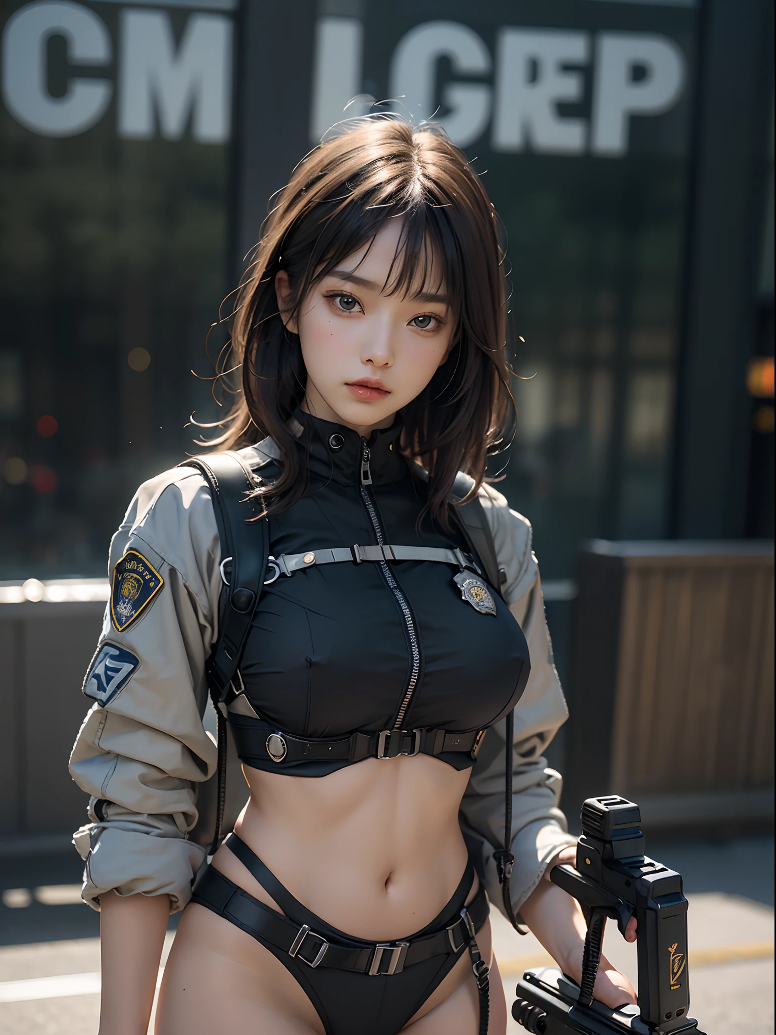 (Highest image quality, outstanding details, ultra-high resolution), (realism: 1.4), highly condensed 1 beautiful girl, with a delicate and beautiful face, ((cowboy shot)), (a bit chubby:0.4), (wearing black racing suit likes police uniform, black and grey mecha, wearing military harness), background simple grey concrete, near-future military gears, pistol holster, big military backpack, (underboob), exo-skeleton, expression of kindness,