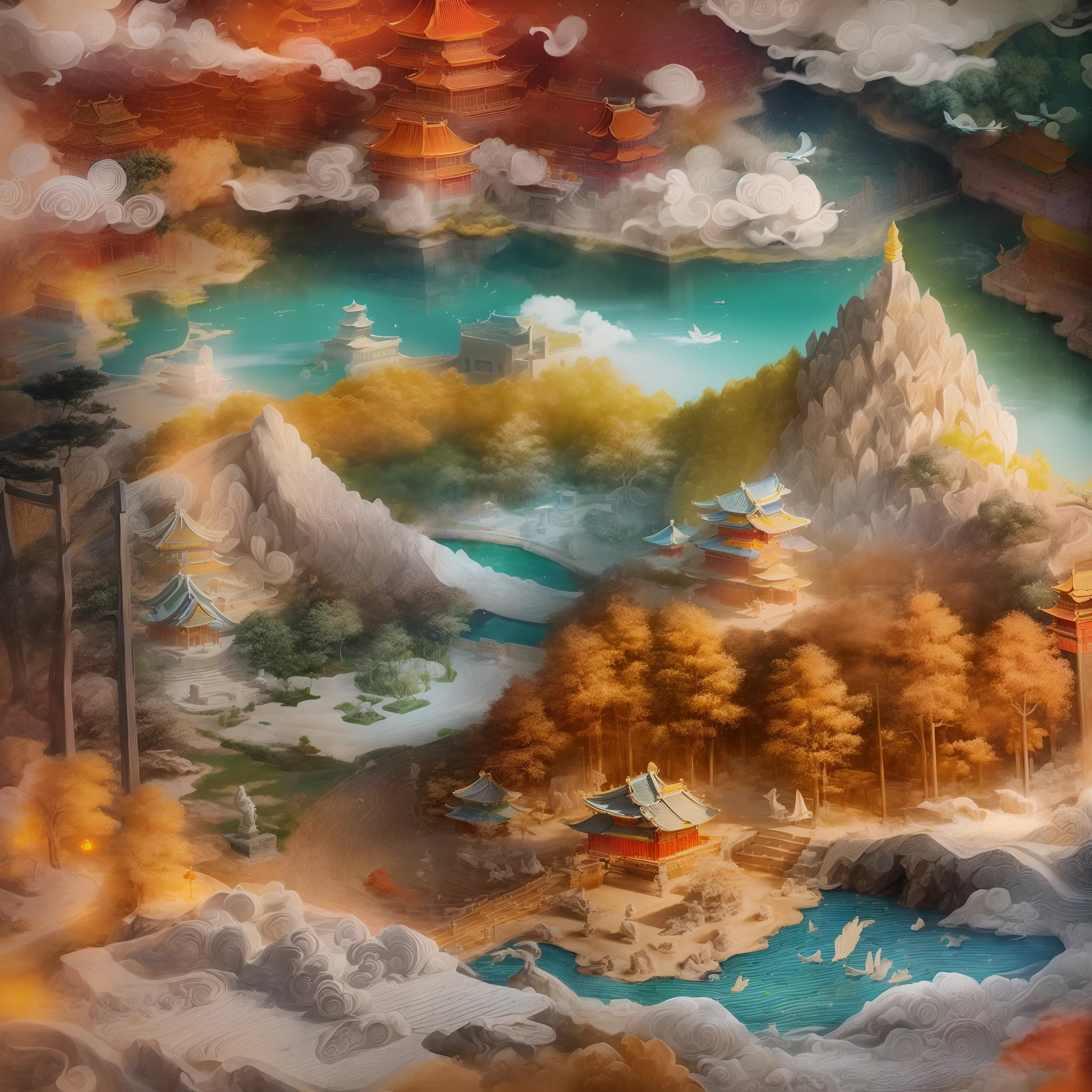 (sandbox:1.4),Movie Angle,(beijing,Ancient royal palace architecture,Palace Museum,1 pond,Skysky,Flying birds,White clouds,Green trees,environment friendly,the space),(paper art,Quilted paper art,geomerty),(Extremely colorful, Best quality, high detal, Masterpiece, Cinematic lighting, 4K, Chiaroscuro)
