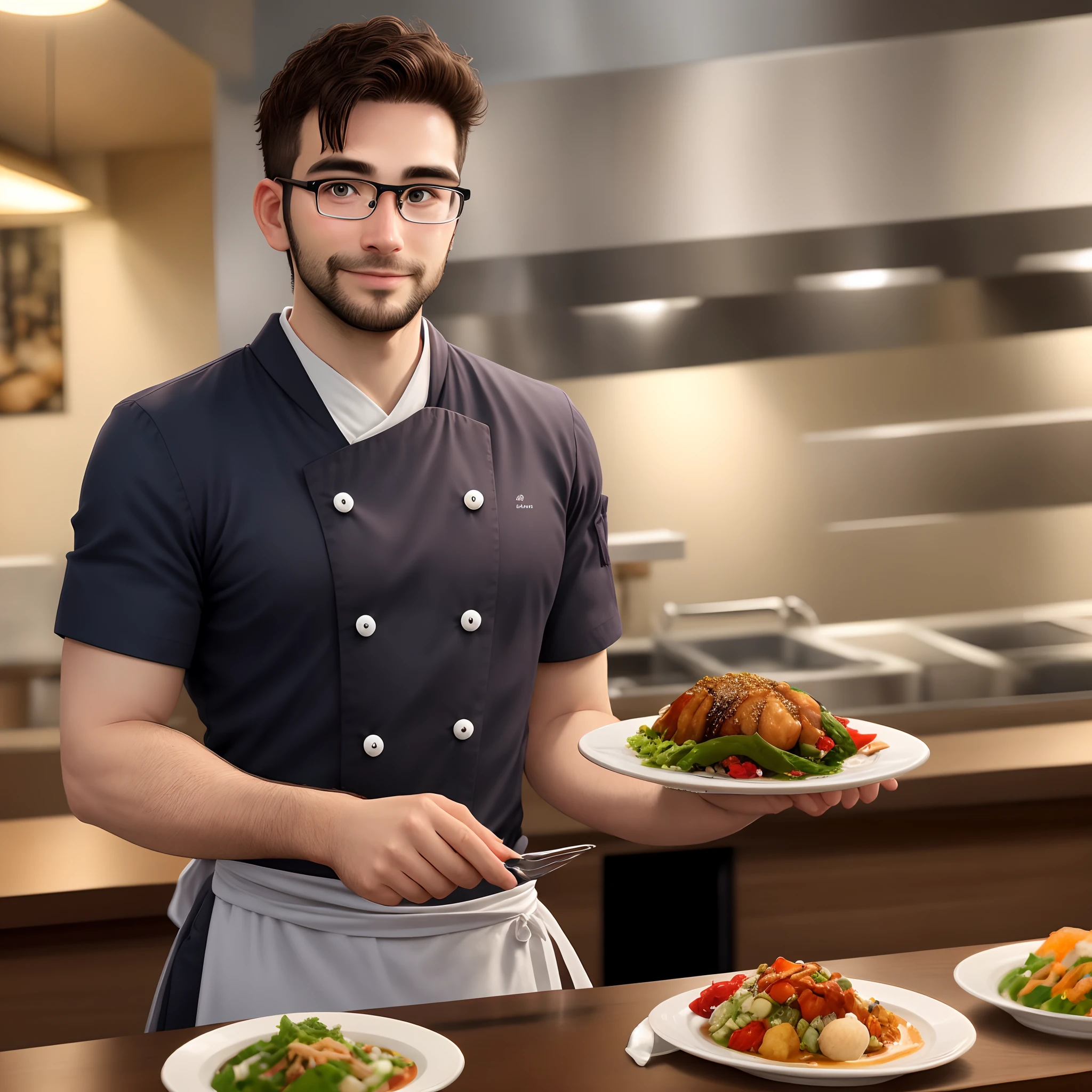 Homem, 30 anos, jovem, japones, com barba, eyeglass, vestido de chef de cozinha, atras dele um restaurante na Liberdade, cabelo longo em um coque