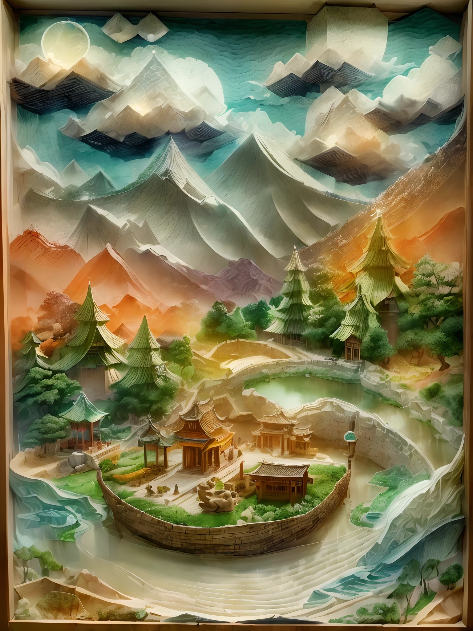 (sandbox:1.4),Movie Angle,(beijing,Ancient royal palace architecture,Palace Museum,1 pond,Skysky,Flying birds,White clouds,Green trees,environment friendly,the space),(paper art,Quilted paper art,geomerty),(Extremely colorful, Best quality, Detailed details, Masterpiece, offcial art, movie light effect, 4K, Chiaroscuro)