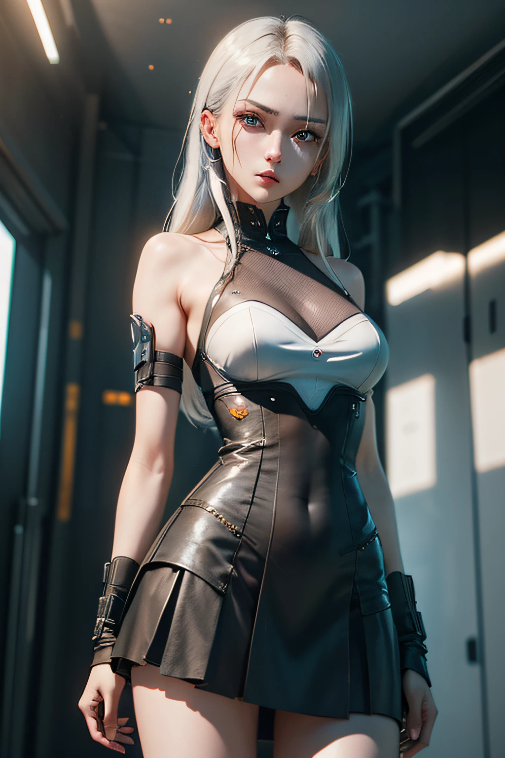((top-quality)), ((masterpiece)), (detaileds:1.4), 。.3D, Blue Eyes Slender、a short skirt、Beautiful Cyberpunk Woman Image,nffsw(HighDynamicRange),Ray traching,NVIDIA RTX,Hyper-Resolution,Unreal 5,Sub-surface scattering,PBR Texturing,Postprocess,Anisotropy Filtering,depth of fields,Maximum clarity and sharpness,multi-layer texture,Albedo and specular maps,Surface Shading,Accurate simulation of light-material interactions,perfectly proportions,Octane Rendering,Two-tone lighting,Wide aperture,Low ISO、White Balance、thirds rule、8K Raw、